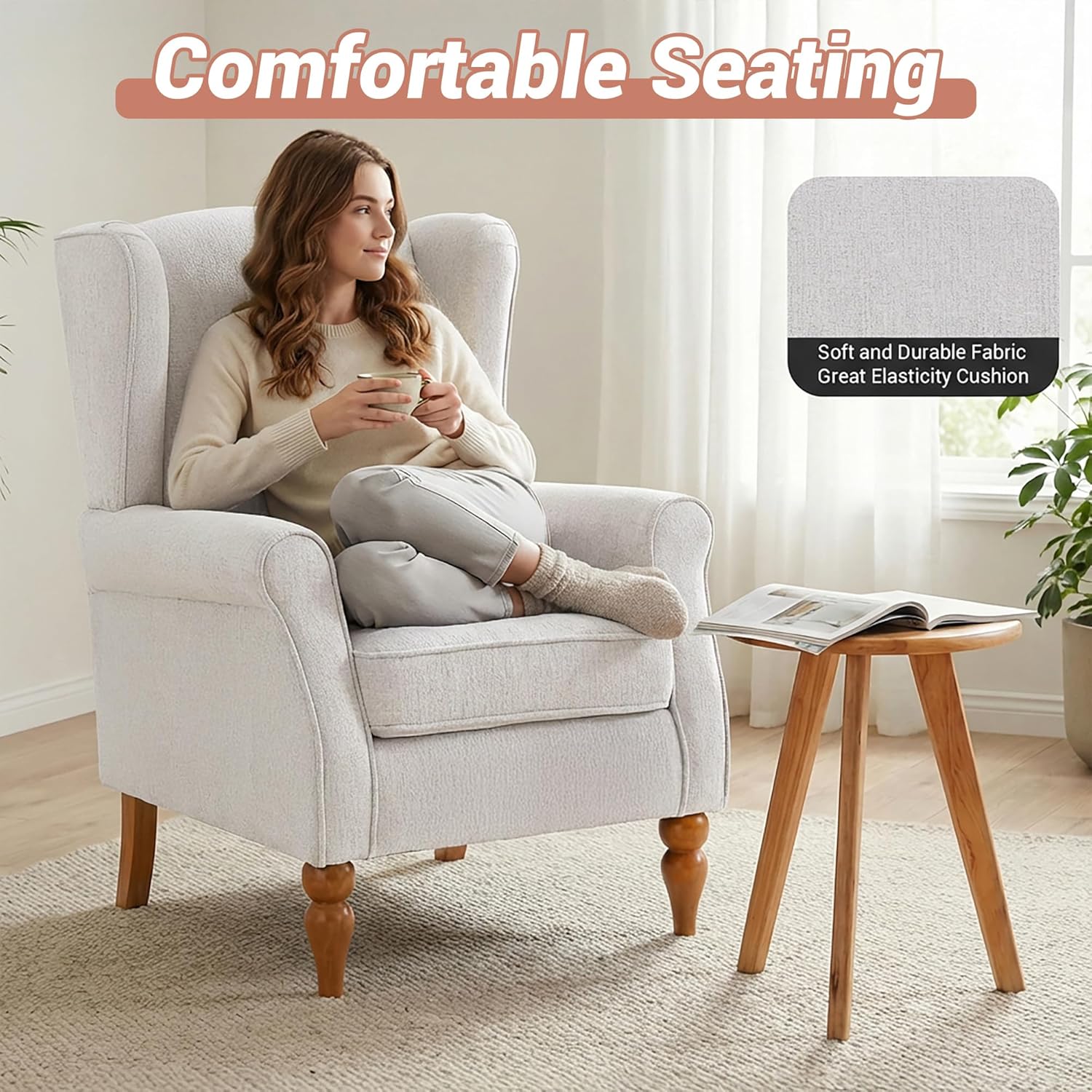 High Back Wingback Accent Chair, Modern Upholstered Armchair Comfy Reading Chair with Solid Wood Legs for Living Room Bedroom Library, Beige
