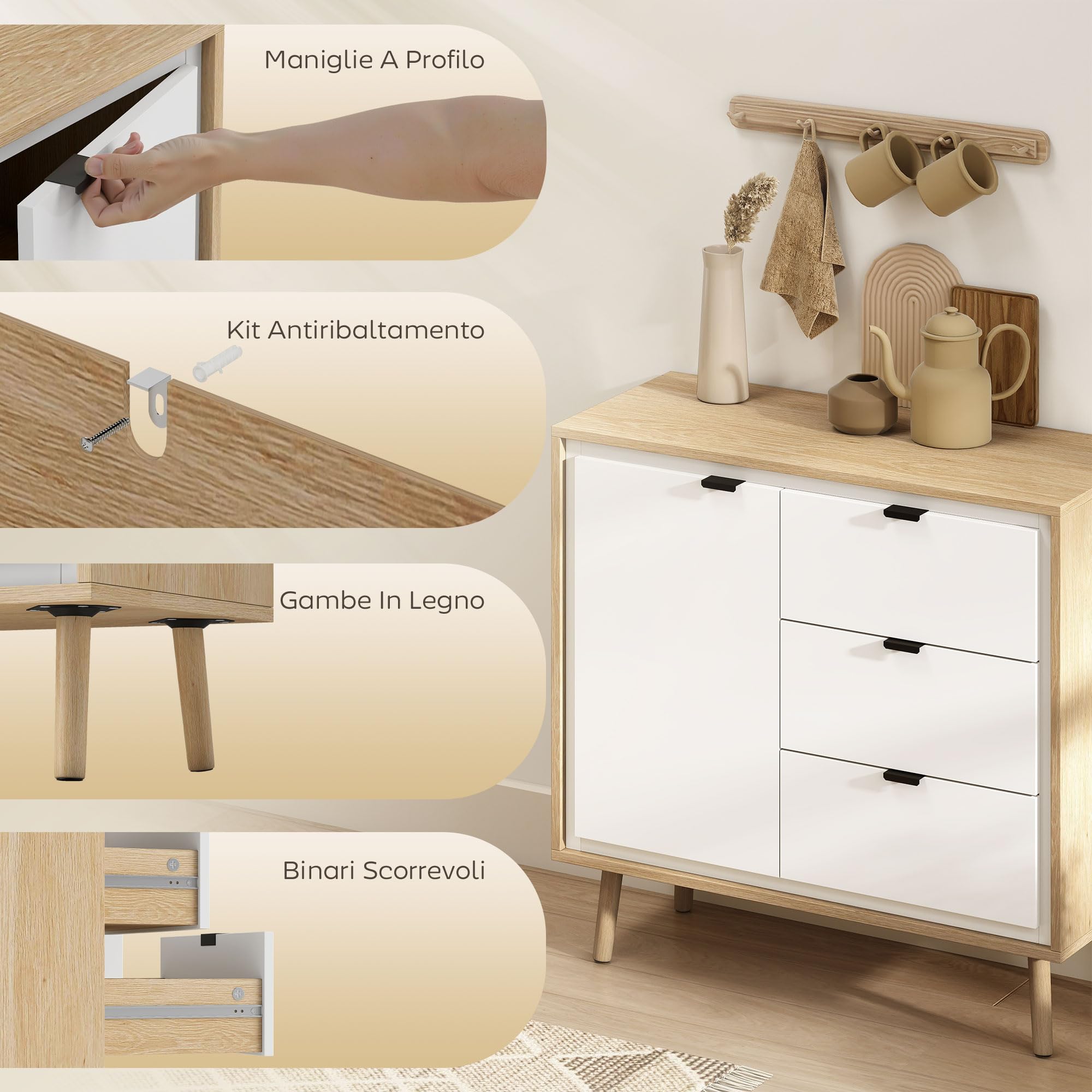 HOMCOM Credenza Cucina con 3 Cassetti e Armadietto, Mobile Cucina Moderno con Ripiano Regolabile, Credenza Buffet per Soggiorno, Sala da Pranzo e Salotto, 80x35x77 cm, Bianco Lucido e Rovere
