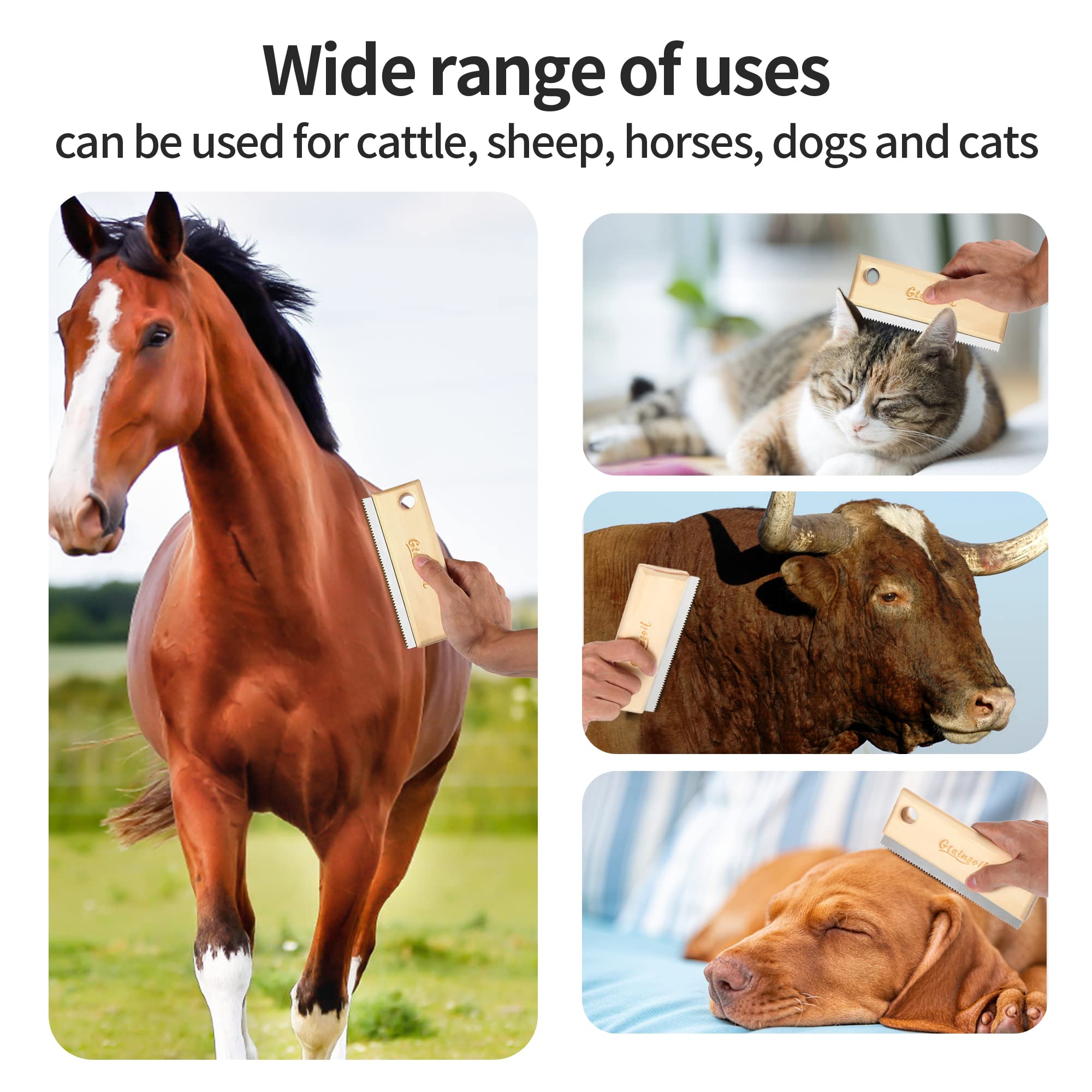 Herramienta de desprendimiento y aseo – Rascador de cepillo para mascotas, caballos, ganado y gatos, mango de madera con hoja de acero inoxidable