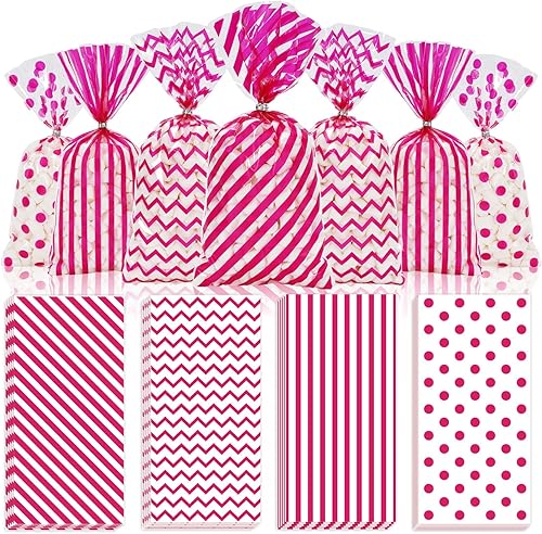 Whaline 160 bolsas de celofán rosa intenso, bolsas de regalo de plástico con lunares ondulados, bolsas de regalo con lazos giratorios para
