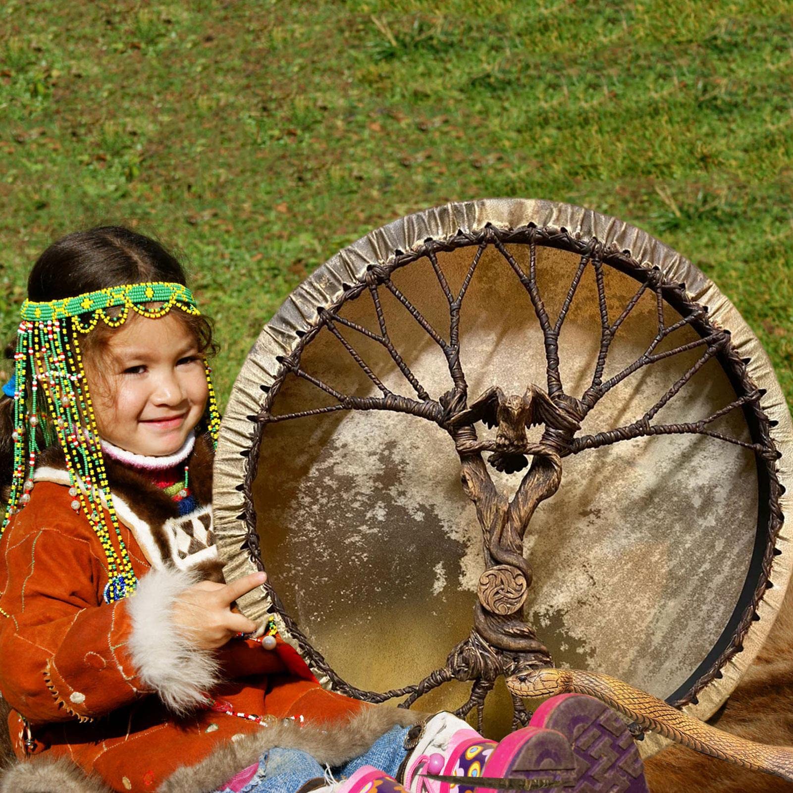 Shamandrum Rahmentrommel Rund Shaman Drum Inkl. Stick Baum Des Lebens Sibirische Trommel, Handgefertigte Schamanische Trommel, Spirituelle Musik, Handgestaltete Schamanen-Trommelmusik-Klangdekoration