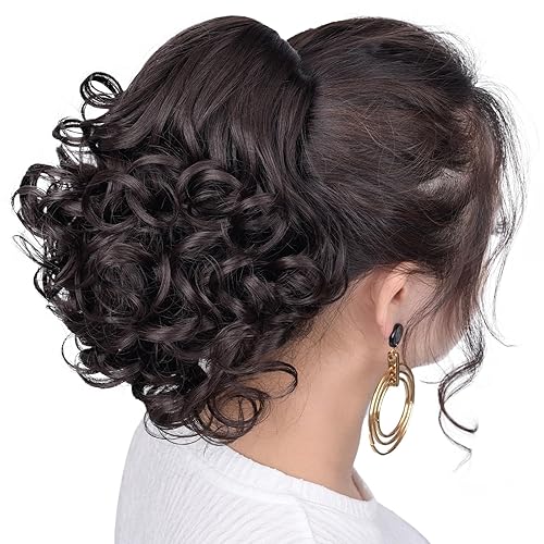 Miniatura 3 de SYXLCYGG Extensión de cola de caballo marrón con clip de garra, colas de caballo onduladas de 10 pulgadas, 3.5 onzas, pelo sintético como pelo real,