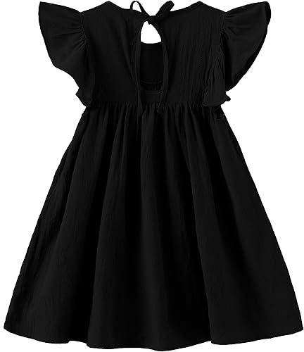 Miniatura 6 de Vestido de lino de algodón con mangas con volantes para niñas pequeñas, sin mangas, vestido de lazo en la espalda, vestido casual de verano