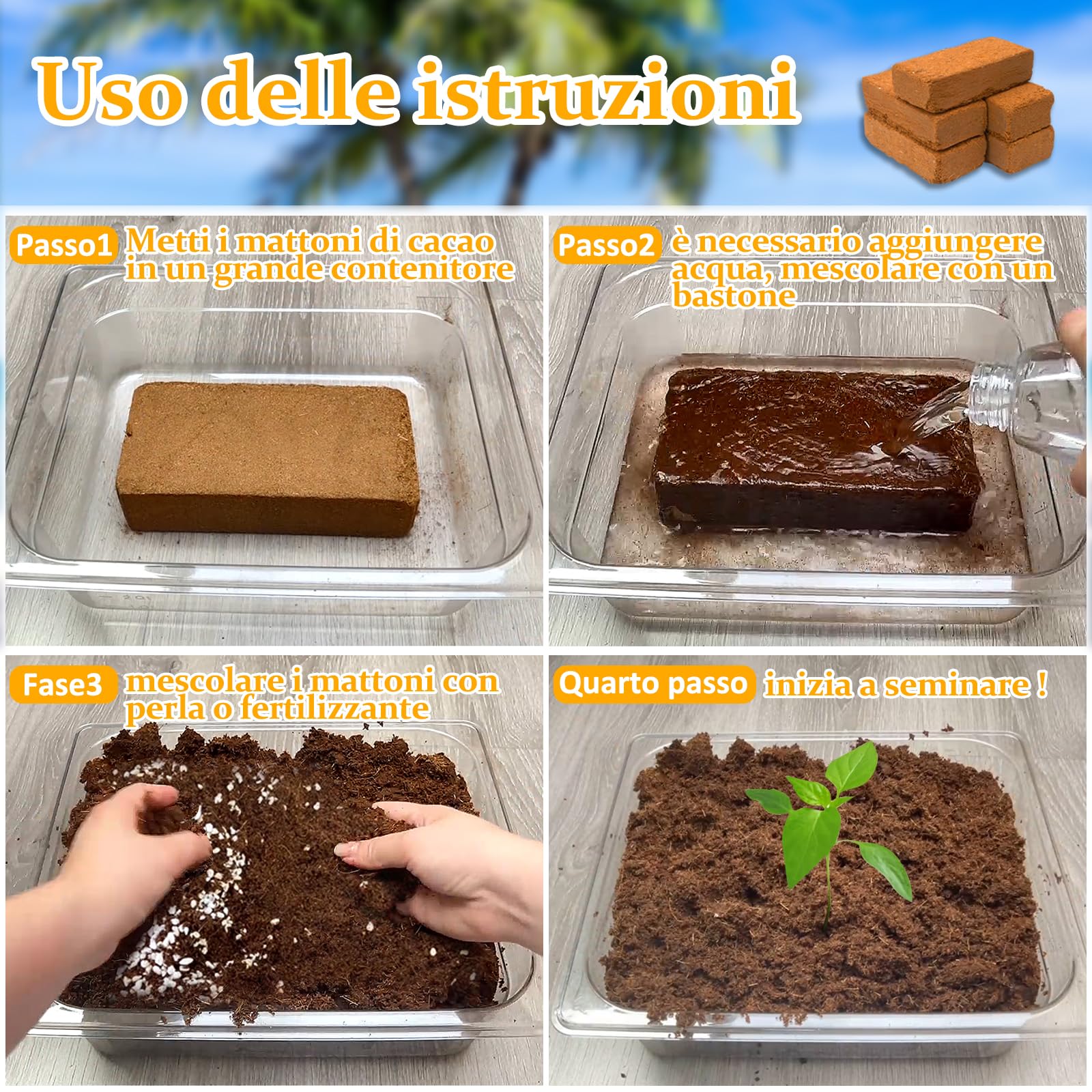 Riare 2 x 650 g di mattoni di cocco organici, 100% naturale, 16 l, substrato in fibra di cocco ad alta espansione, nocciolo di cocco per giardino (2)