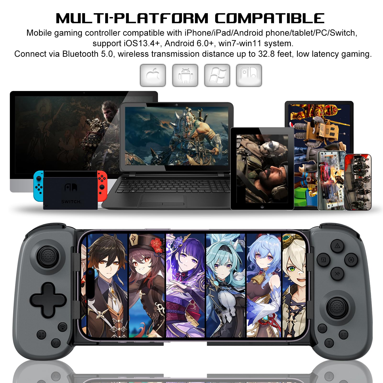 arVin Controlador de juegos móvil para iPhone, Android con soporte para funda de teléfono, gamepad inalámbrico para iPhone/iPad/Samsung/Tablet/Switch/PS4/PC - Juega Xbox Cloud Gaming/PS Remote Play