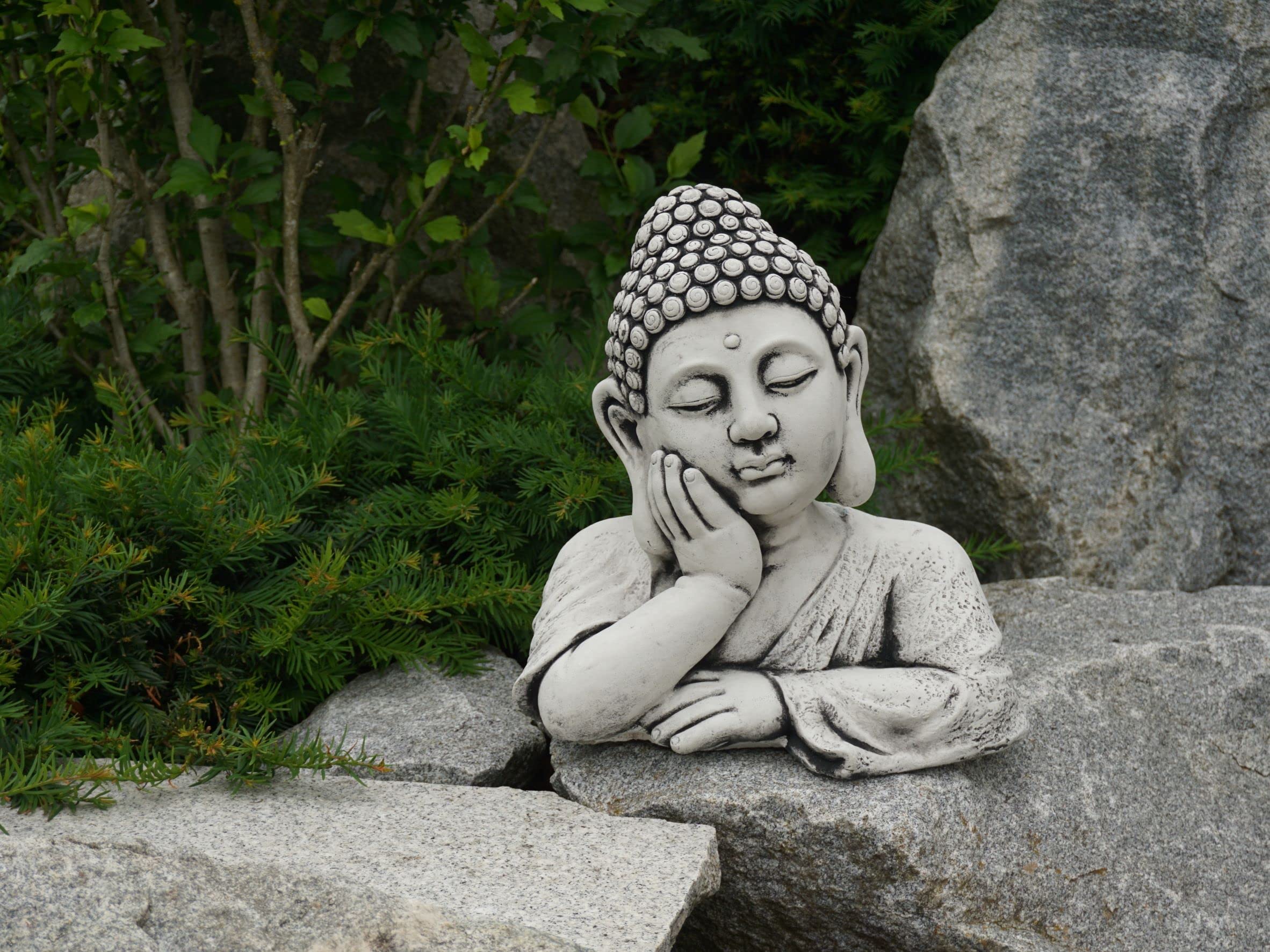gartendekoparadies.de Buste de Bouddha imposant en pierre, H. 35 cm, 18 kg, gris, résistant au gel, en pierre coulée, pour l'extérieur