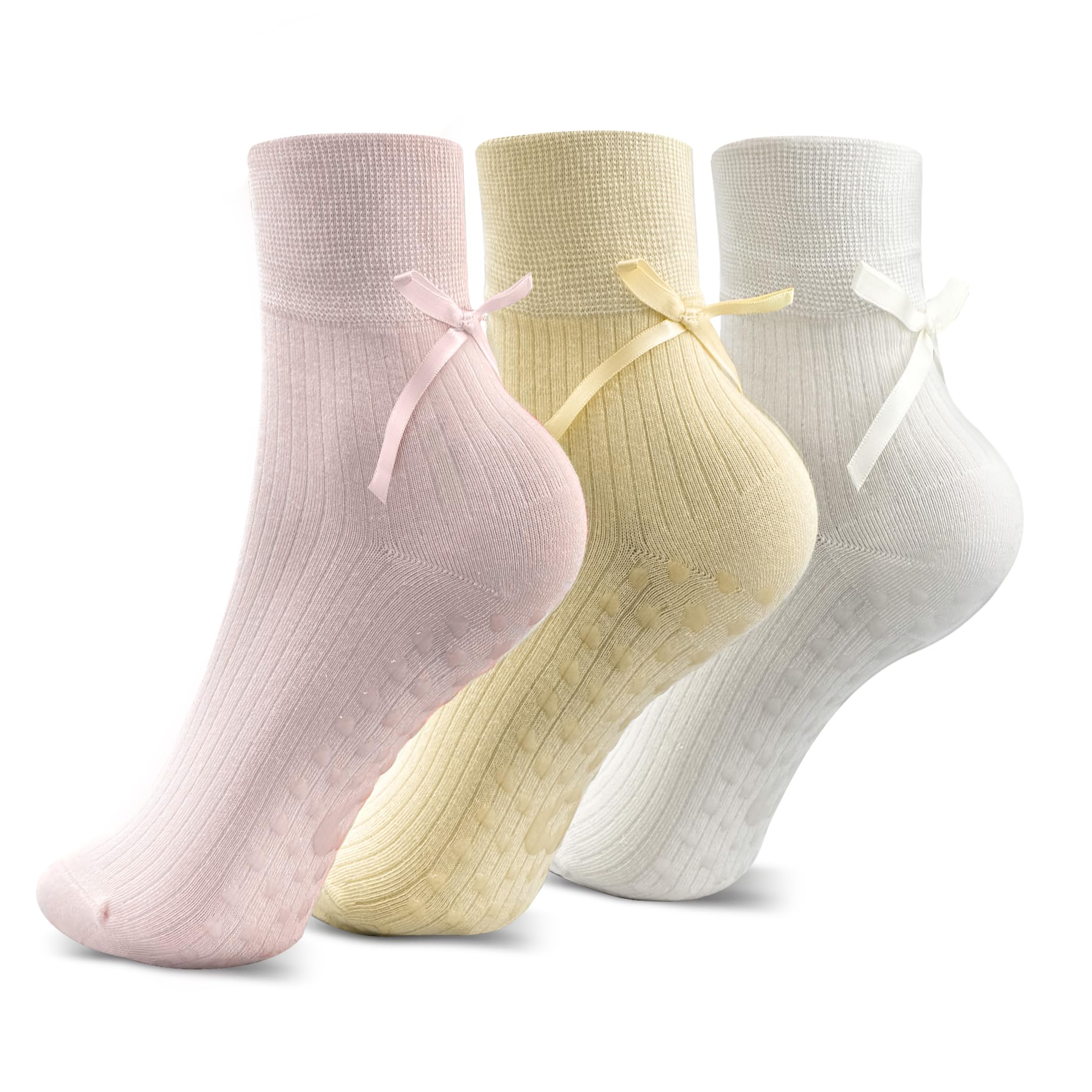 Xphzzl Unisex Bow Tie 3 Pairs Pilates Socks, Cute Barre Yoga Socks Non Slip Women, Pilates Sets For Gym Ballet Barre Reformer, Size Uk 3-7