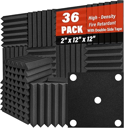 Paquete de 36 paneles de espuma acústica de 2 x 12 x 12 pulgadas, paneles de espuma a prueba de sonido, insonorizantes, absorbentes de ruido,