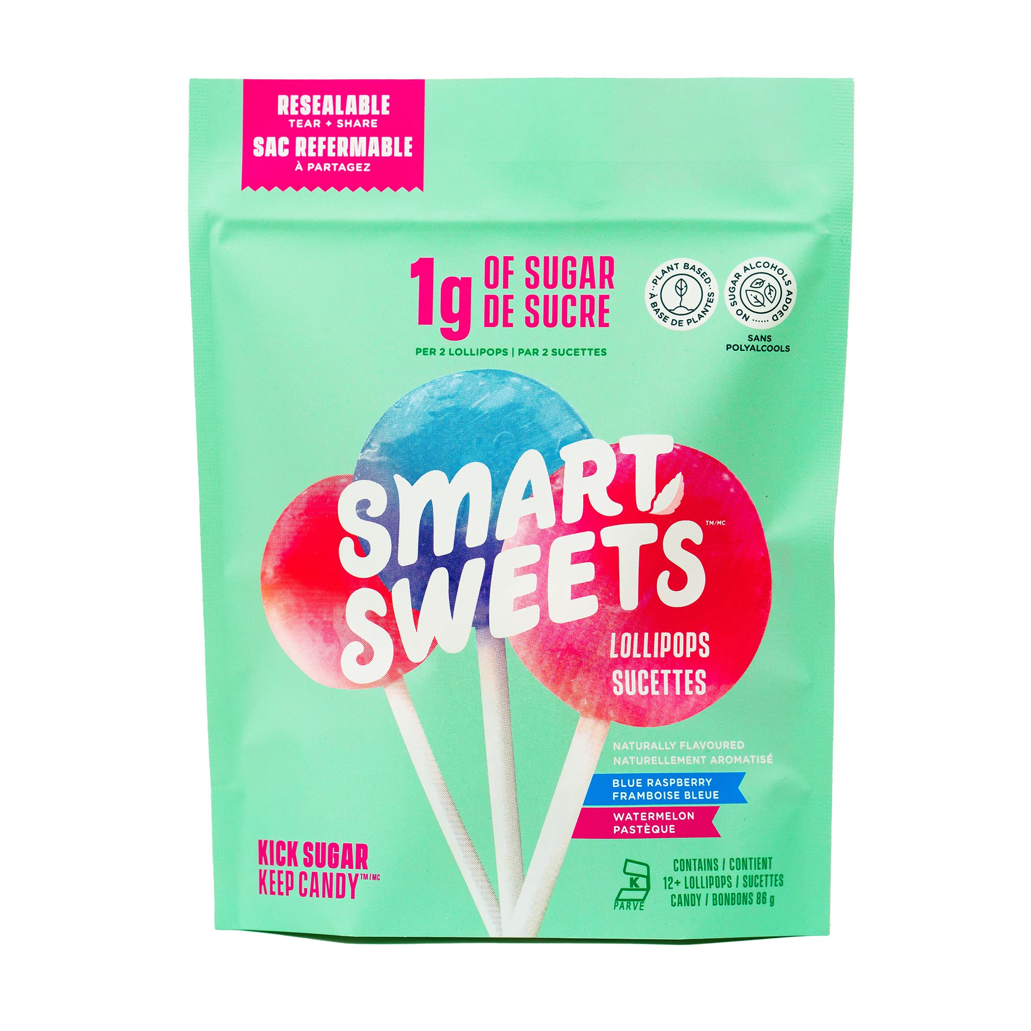 SmartSweets Lollipops, Blue Raspberry & Watermelon, Low Sugar Candy, Plant-Based, Low Calorie Snack, 3oz.