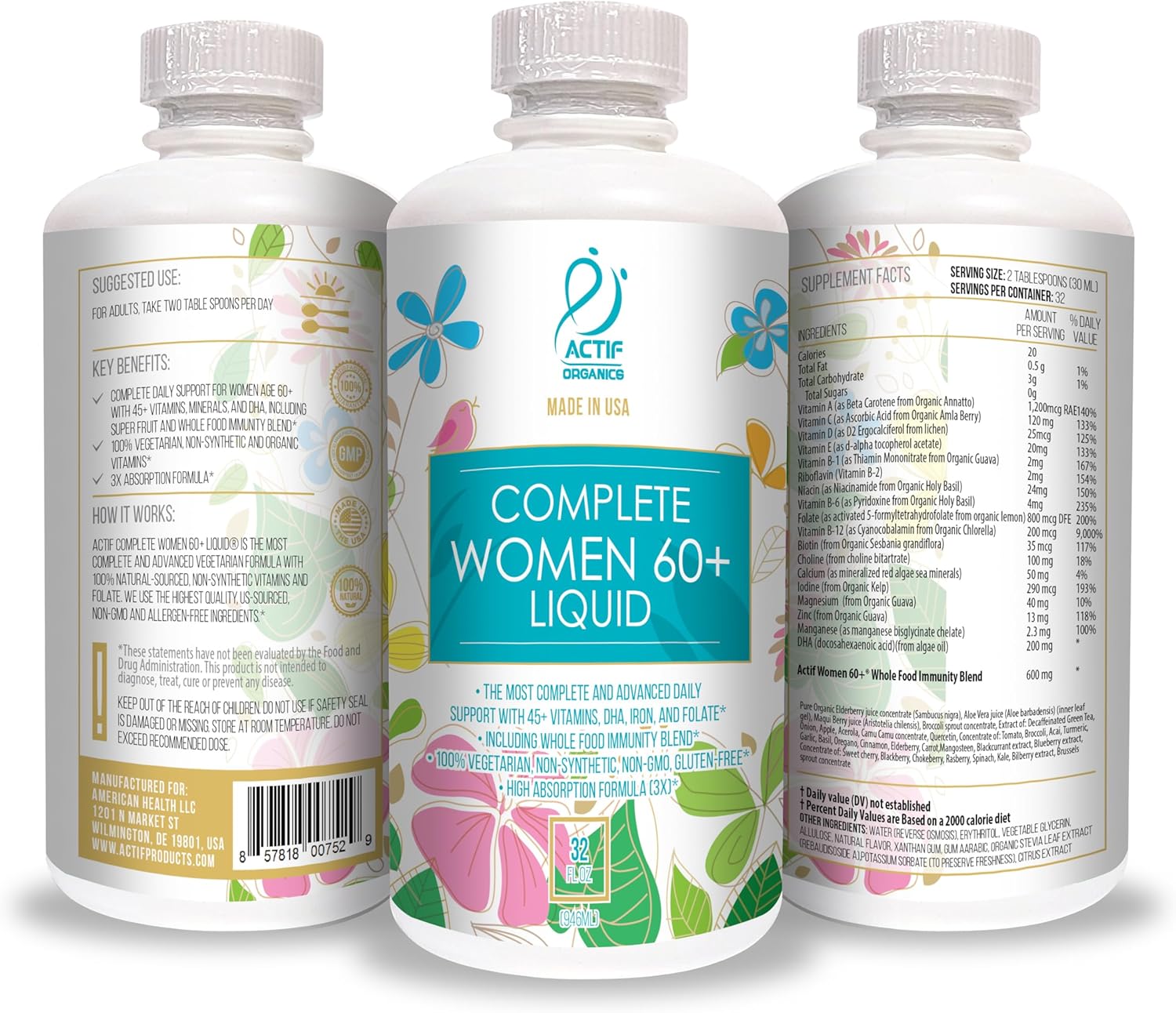 ACTIF Liquid Daily Multivitamin for Women Age 60+ with 45+ Advanced Factors – Non GMO, Made in USA, 32oz