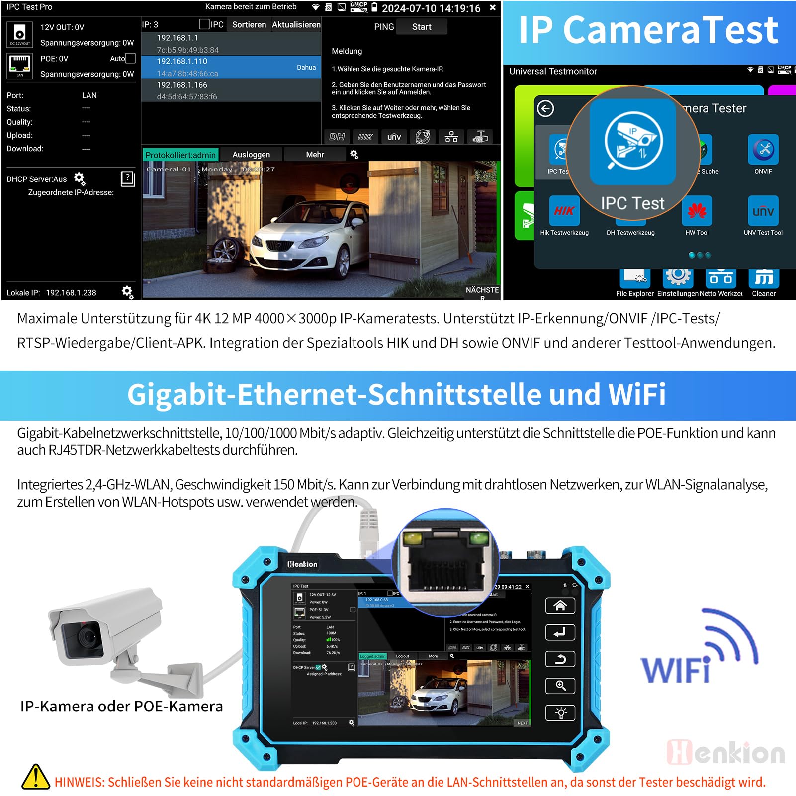 Henkion Probador CCTV IPC-5200C Plus Tester, Monitor con Pantalla Táctil IPS 5.4", 8MP AHD CVI TVI CVBS IP, Monitor de Video 4K H.265, Soporte PoE PTZ WiFi RS485, Rastreador de Cable, Entrada HDMI VGA