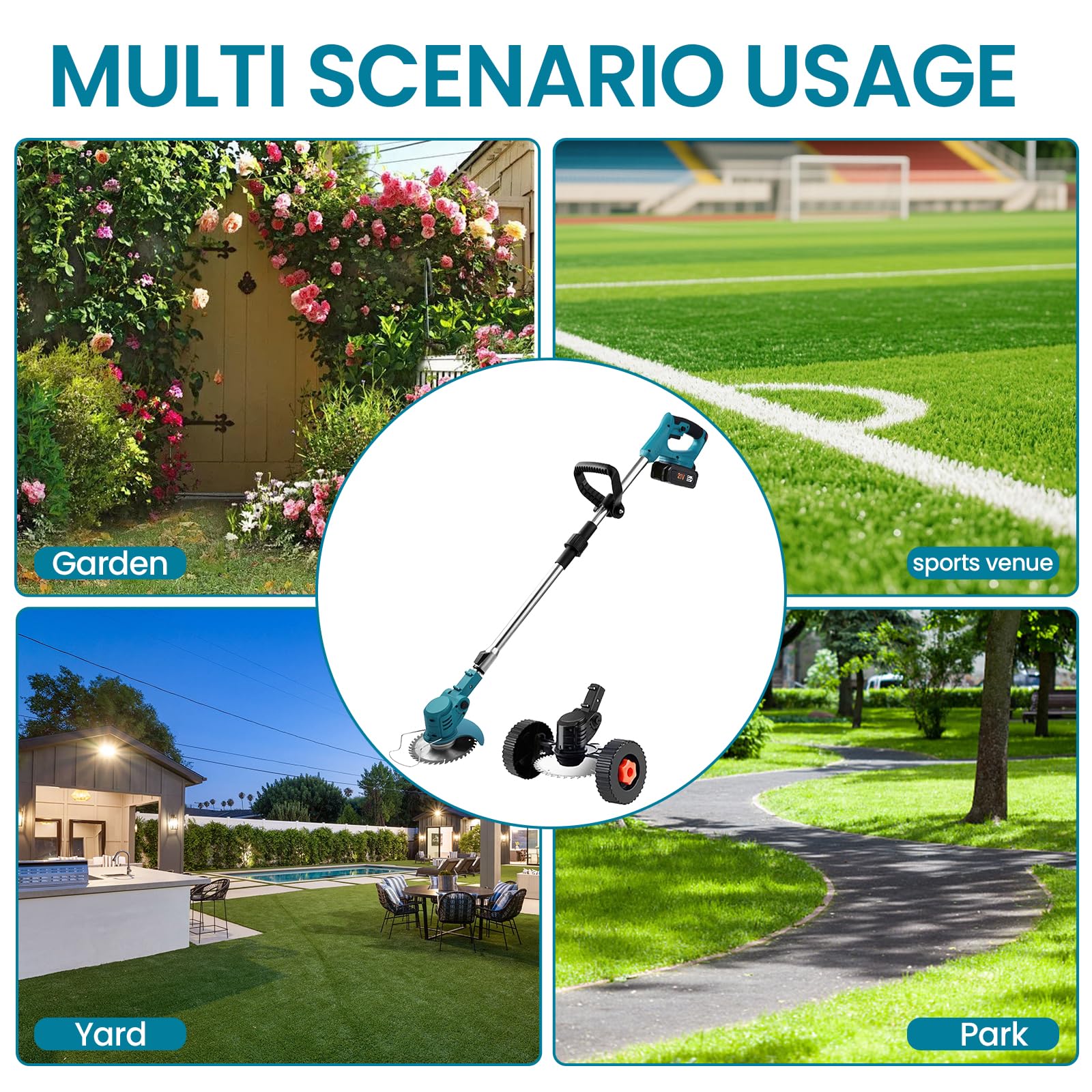 Coupe Bordure sans Fil,Debroussailleuse Electrique sans Fil,Debroussailleuse avec 2 Batteries Et Un Chargeur,Poignée Réglable,4 Types Lames Efficace pour Jardin Pelouse et Désherbage Facile (Bleu)