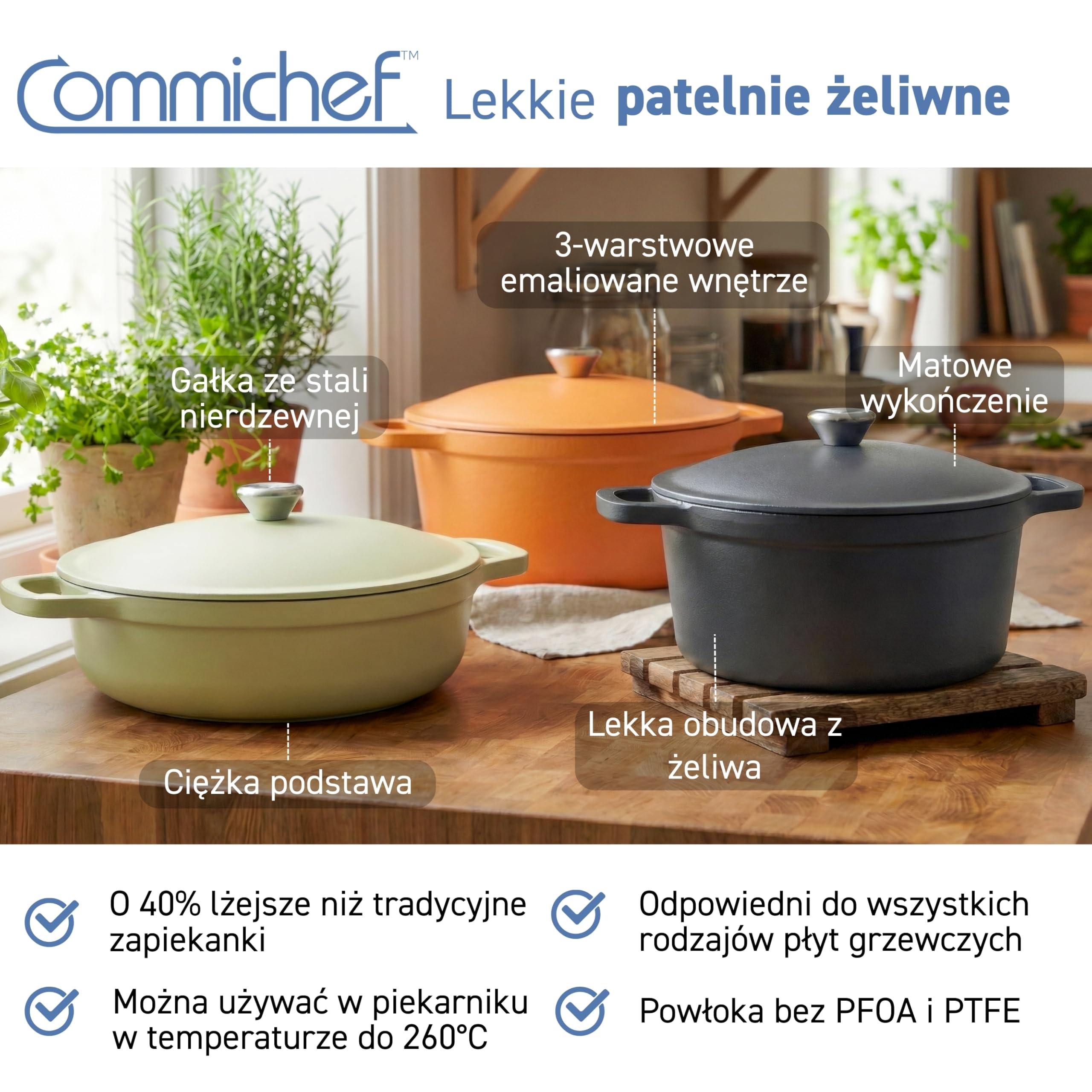 Lekki żeliwny garnek 26 cm, 4,5 l, zielony – garnek z pokrywką do gotowania i pieczenia chleba, emaliowana patelnia, kompatybilny z płytą indukcyjną