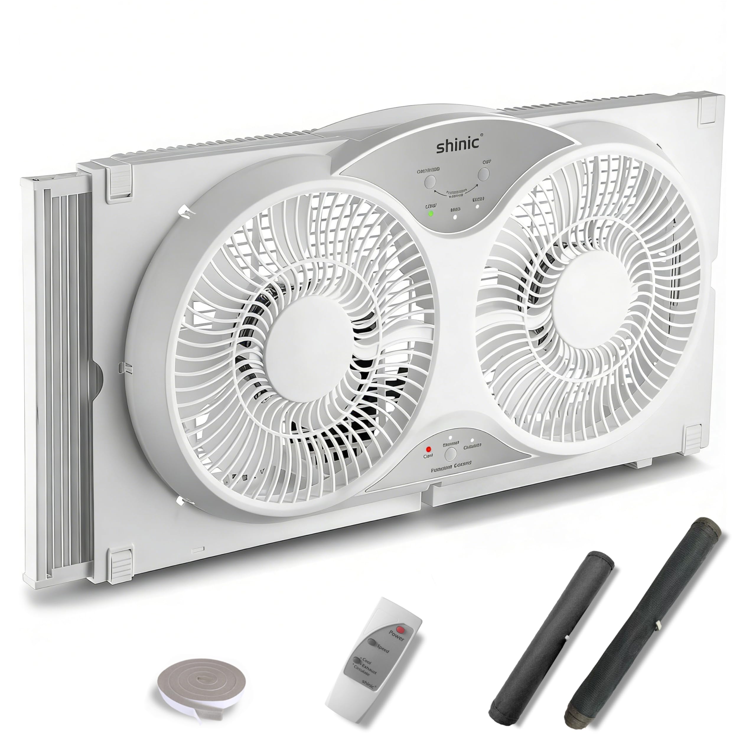 shinic 9" Twin Window Fan with Remote Control,Reversible Airflow,Removable Cover,3 Speeds, 3 Modes, Expandable Panels (From 24" to 37"),ETL Certified, White