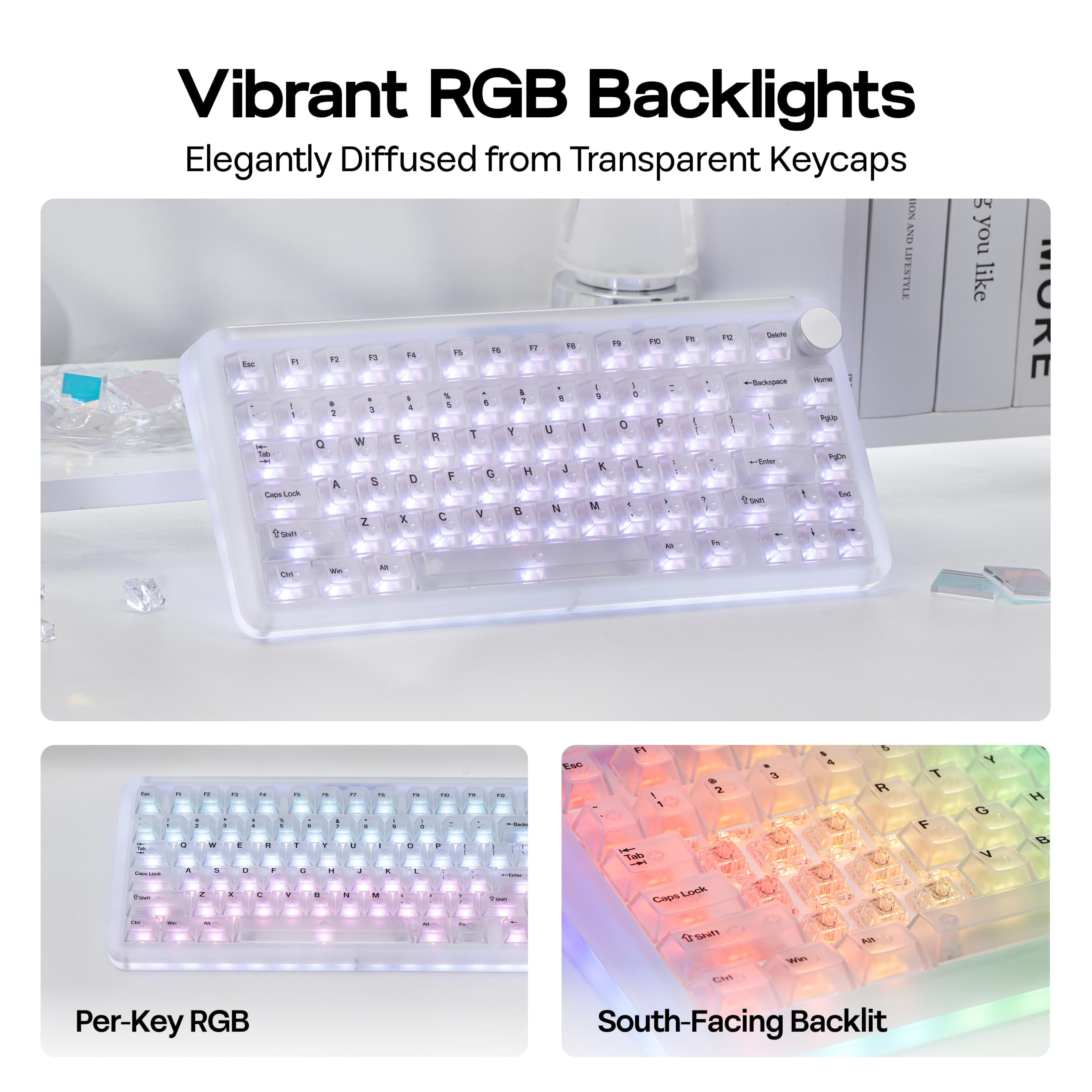 KiiBoom Phantom81 V4 Clavier mécanique en acrylique semi-transparent, joint crémeux, 75 % sans fil, avec batterie de 8 000 mAh, RVB, remplaçable à chaud, Shine Through, NKRO, Win/Mac (transparent)