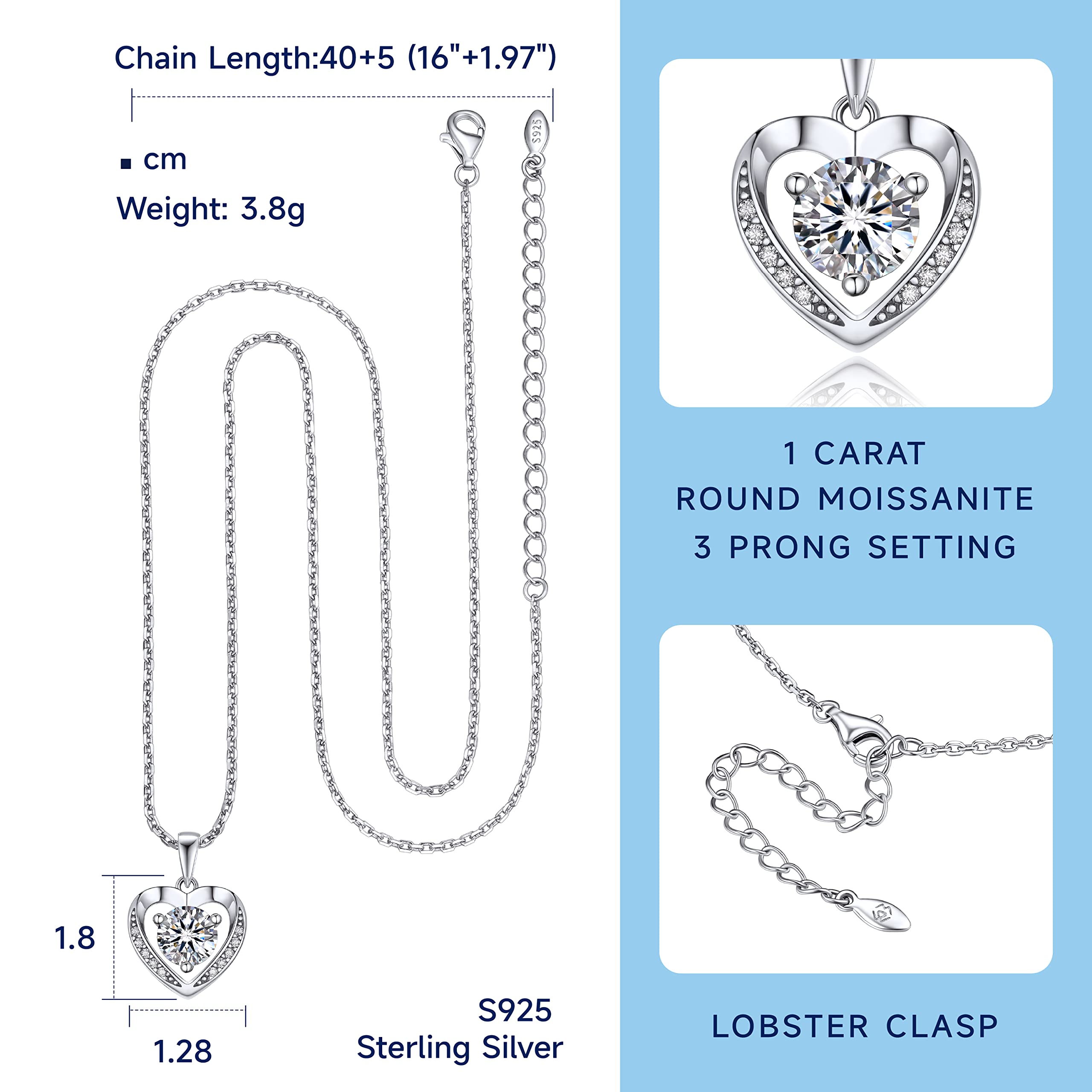 MomentWish Collana Donna Cuore, 1 Carato Collana argento 925 donna Collana Moissanite Diamanti Donna, VVS1 D Colore Ciondoli per Collana Regalo per Donne Fidanzata Festa Della Mamma
