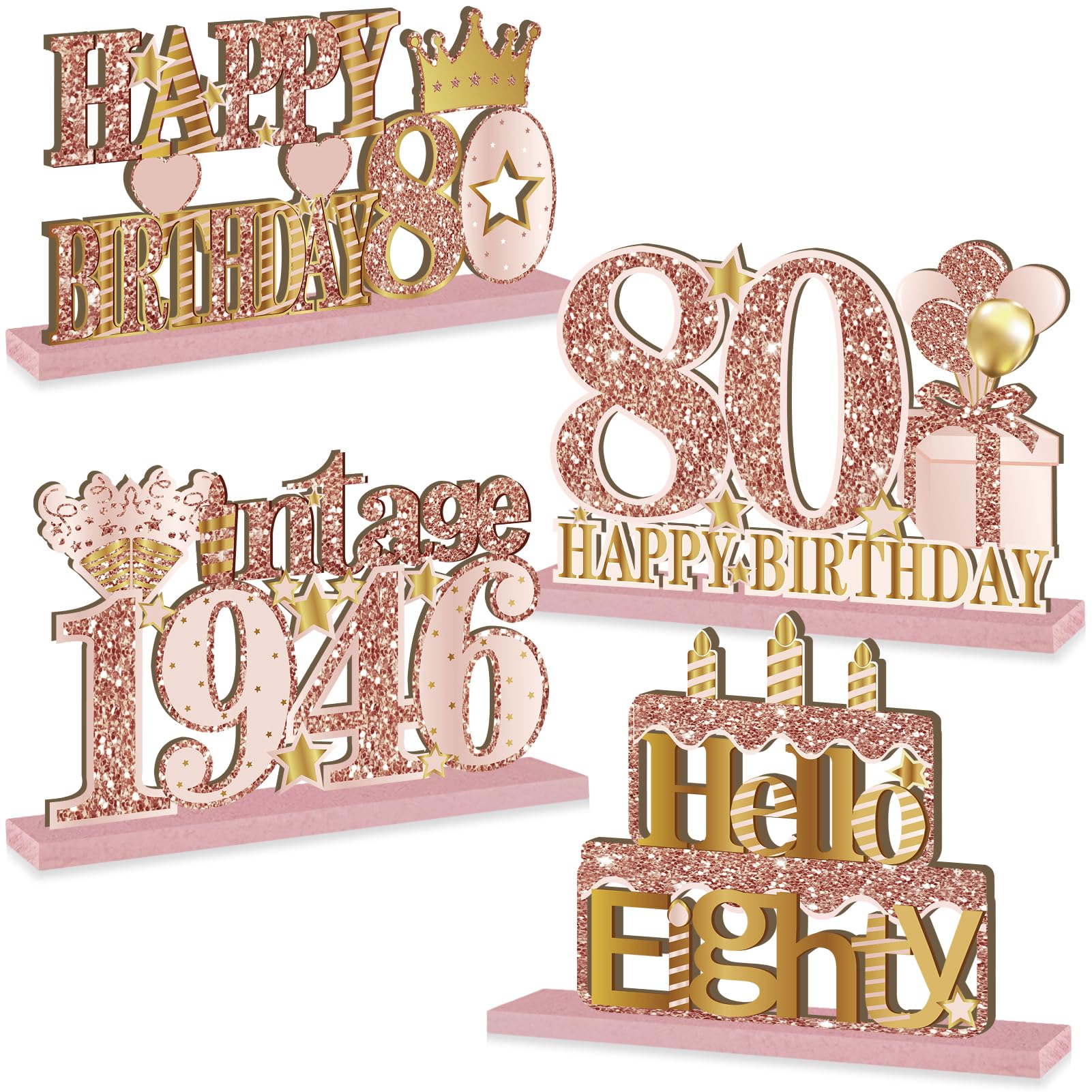 Yatufom 4 Pieces 80th Birthday Vintage 1946 Wooden Table Centerpieces Decoration for Women, Pink Rose Gold Happy 80 Birthday Table Sign Party Supplies