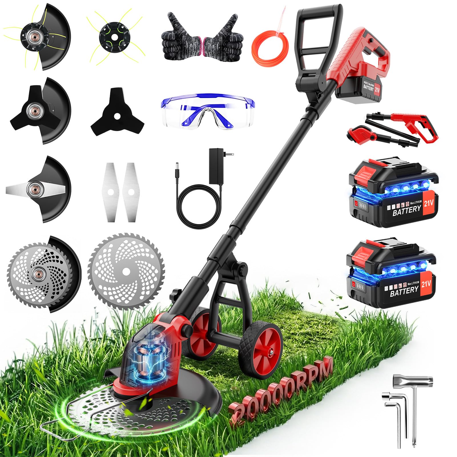 Cordless Strimmer, 12-Inch Electric Grass Trimmer with 6000mAh Battery and charger, 4 in 1 Telescopic Lightweight Garden Strimmer with Detachable wheels for Lawn Mowing Edging Garden