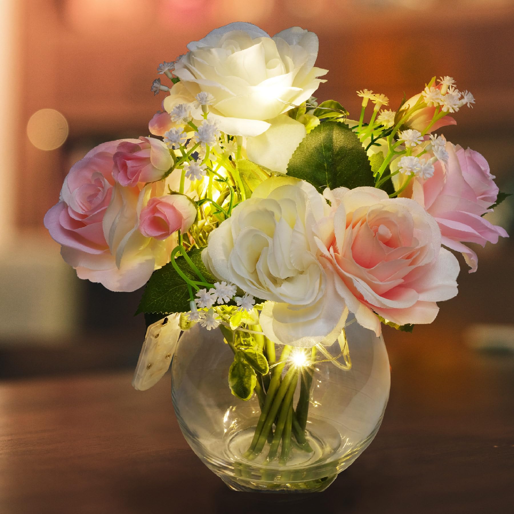 HOSY Artificial Roses in Glass Vase with Faux Water and Fairy Lights, Silk Flower Arrangements for Wedding Table Centerpiece Decoration (Rose) - Image 4