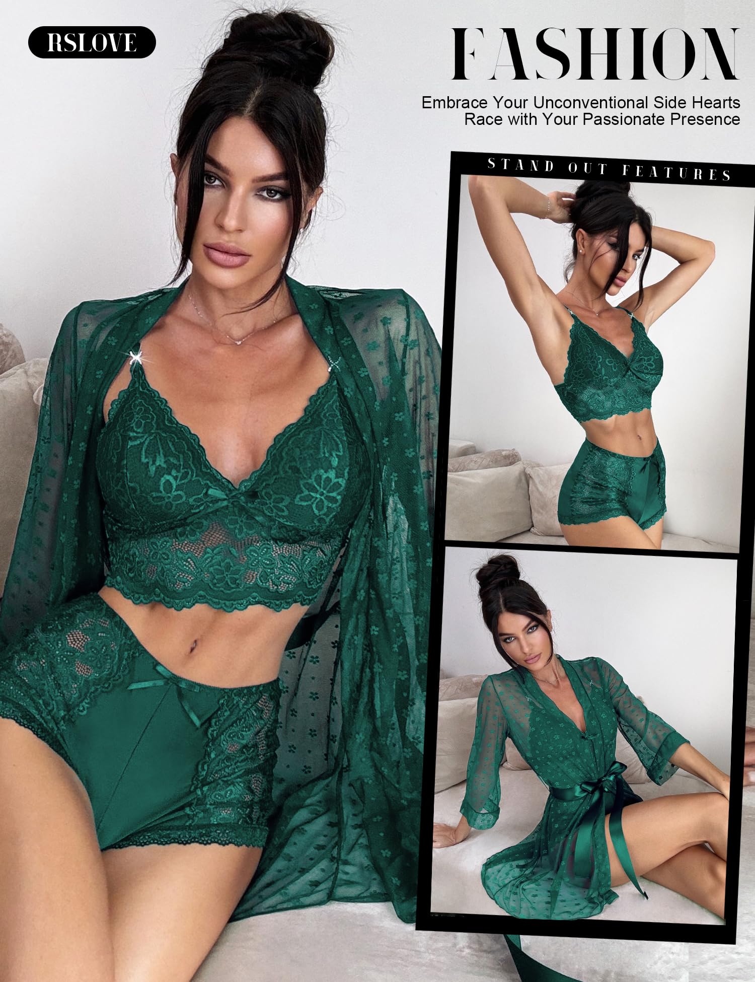 RSLOVE Women Sexy Lingerie Set - 3 Piece Lace Bra and Panty Sets with Mesh Kimono Robe Nightgown Sleepwear: X-Large Green