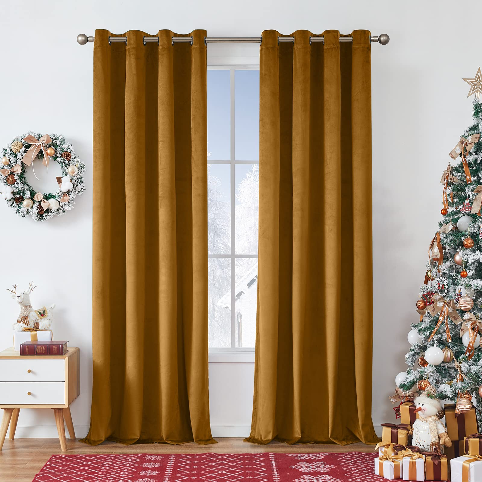 jinchan Velvet Blackout Curtains for Living Room, Thermal Insulated Luxury Drapes for Bedroom 96 Inch Long, Room Darkening Window Treatments Grommet 1 Panel, Gold Brown