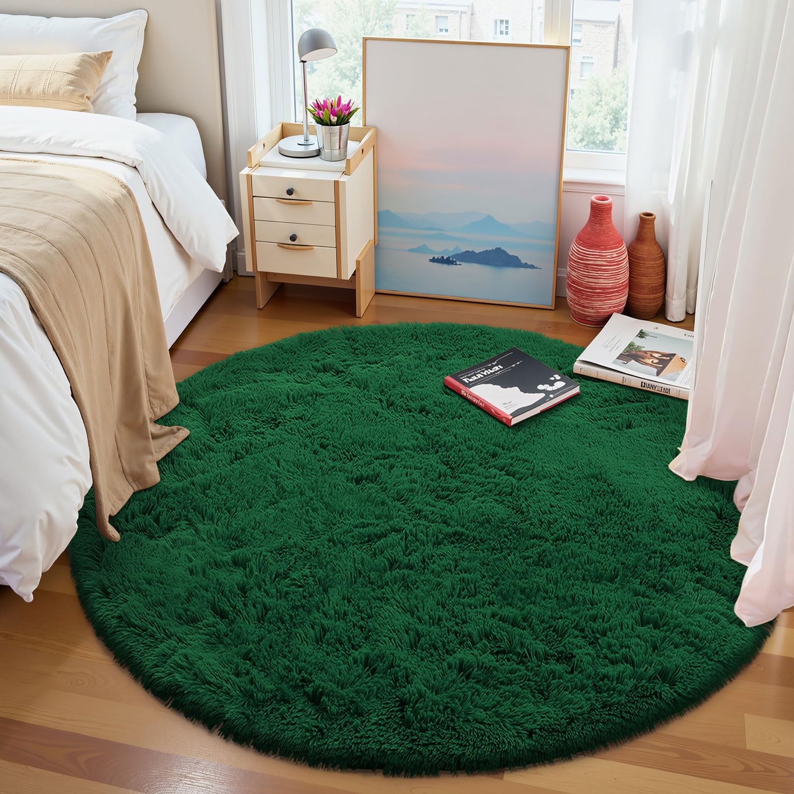 smiry Vloerkleed, hoogpolig, wasbaar, antislip, modern, pluizig, gezellig, woonkamertapijt, kinderkamer, 200 cm, rond, beige