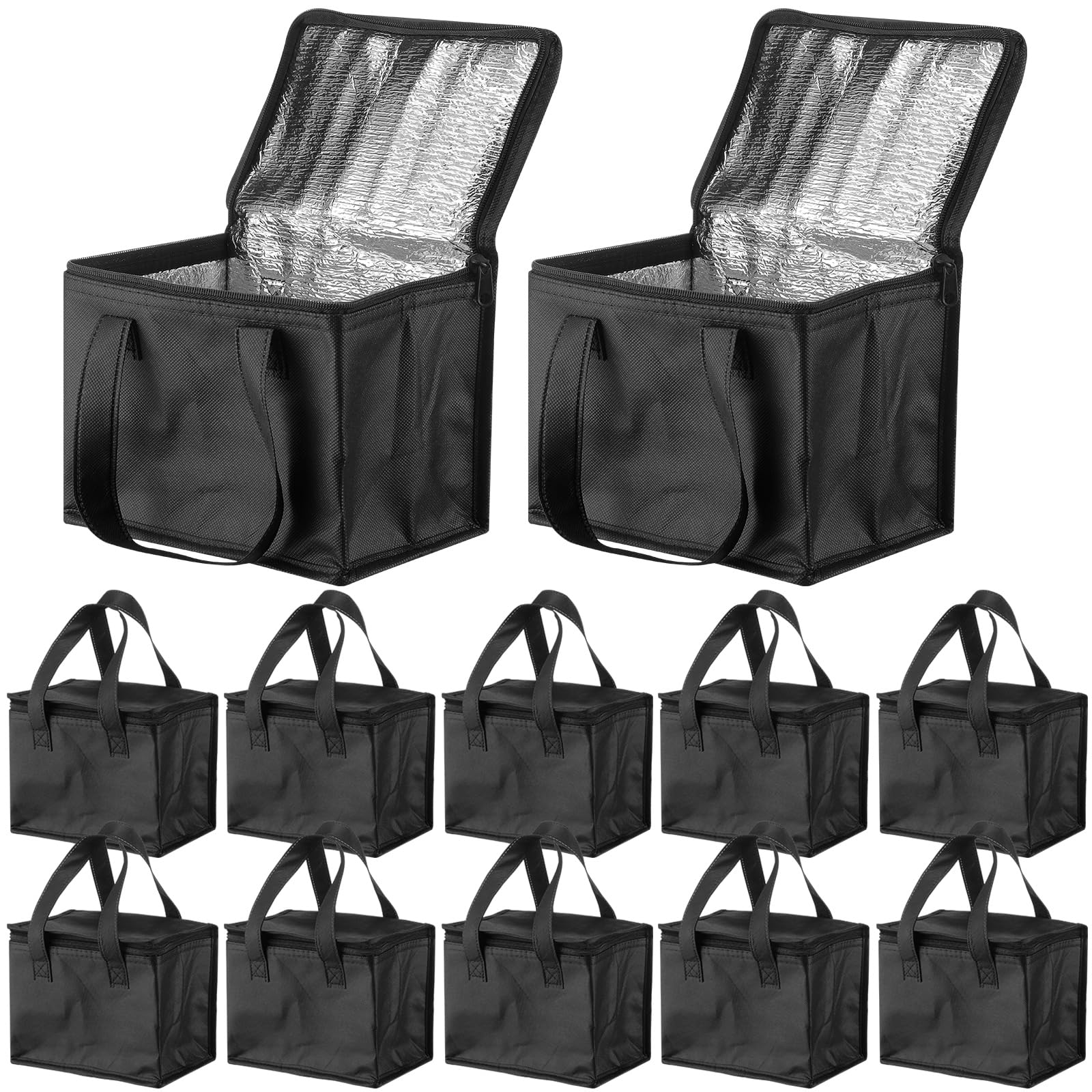 Norme 12 Packs Insulated Lunch Bags Bulk, Food Delivery Bag Leakproof Lunch Boxes Set, Waterproof Thermal Cooler Bags Insulated Beverage Bag with Zippered Top for Women Men Office Work (Black)