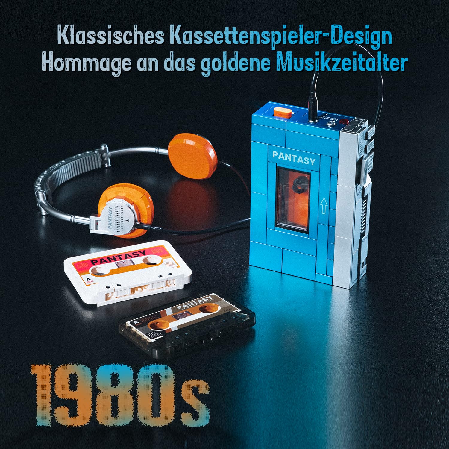 PANTASY Retro-Kassettenplayer Baustein-Modell, Tragbarer Tape-Player im 1970er-Stil mit Austauschbaren Kassetten & Kopfhörern, Vintage Musik-Display und Sammlerstück für Erwachsene
