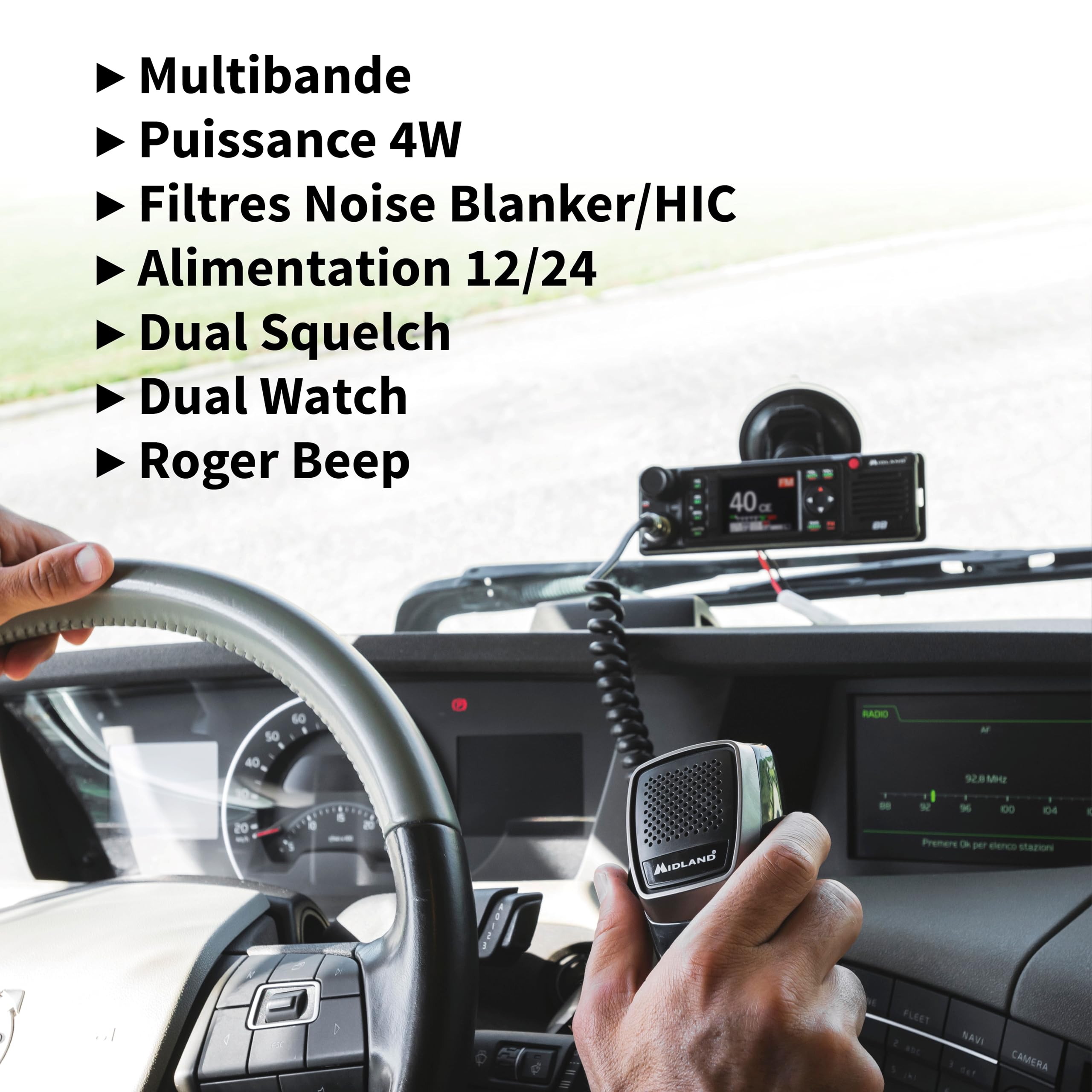 Midland - Radio CB M88 Transport sans Licence, Radio Professionnelle pour Tous Compartiments DIN Voiture Camion Camping-Car et Autres, Écran TFT Multicolore, Noise Blanker/HIC Alimentation Universelle