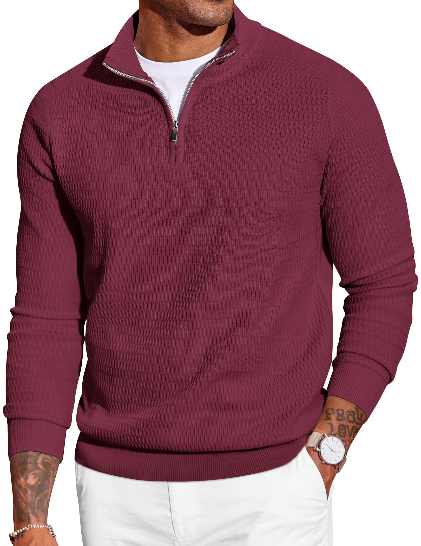 coofandy Men's Quarter Zip Sweater Slim Fit Lightweight Mock Neck Pullover Knit Texture Polo Sweaters-picture-56