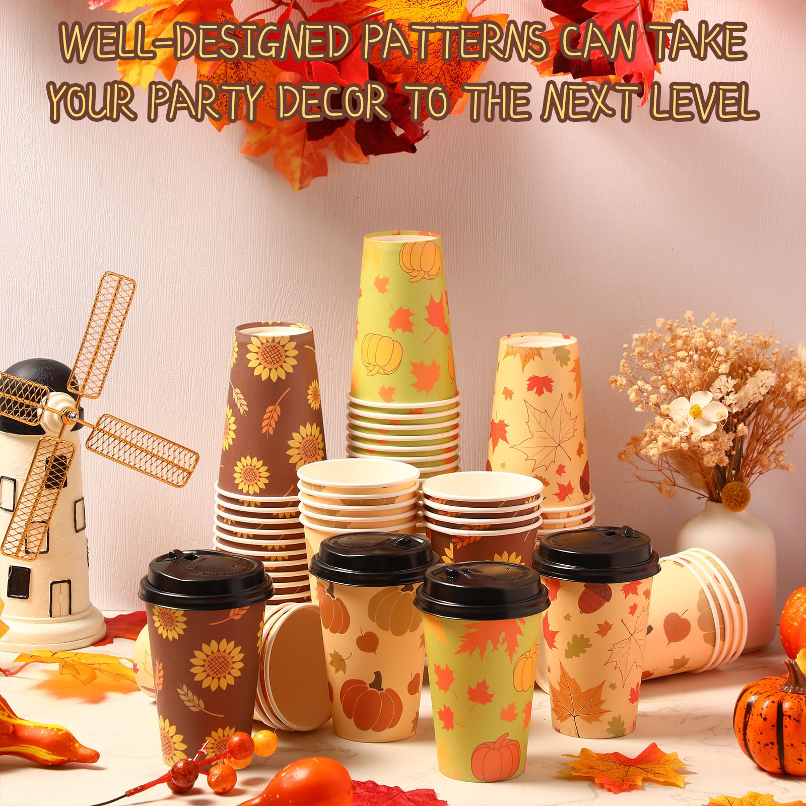 Zopeal 100 tazze da caffè usa e getta con coperchio, 350 ml, in carta, 4 motivi autunnali, graziose tazze per tè caldo, bevande, acqua, succo, cena, cena, matrimoni, eventi, decorazioni per feste del