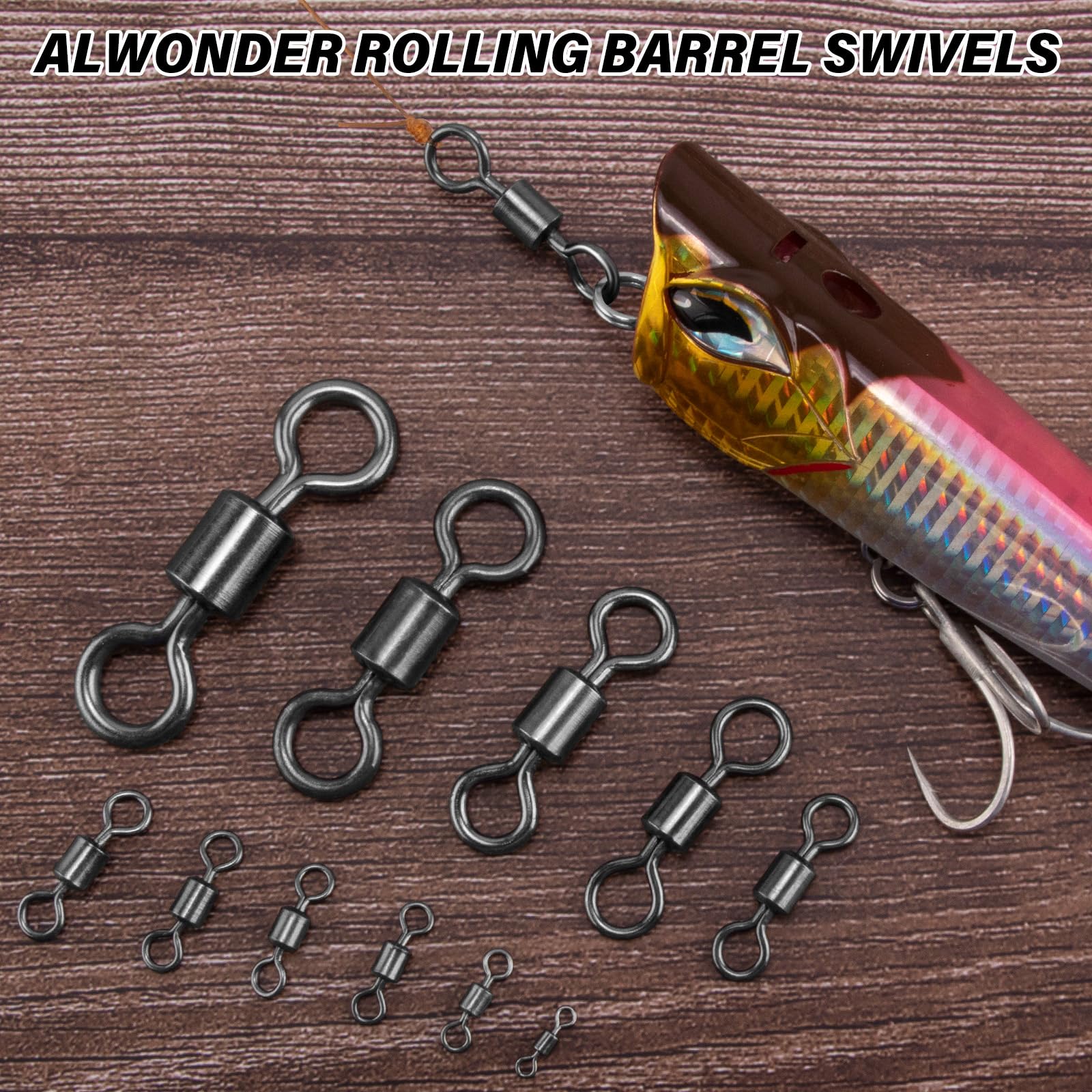 Alwonder 80 Stück Angelwirbel mit Rollen, 75 kg, groß, schwarz, vernickelt, Edelstahl, robust, für Salzwasser und Süßwasser geeignet, Größe 2/0