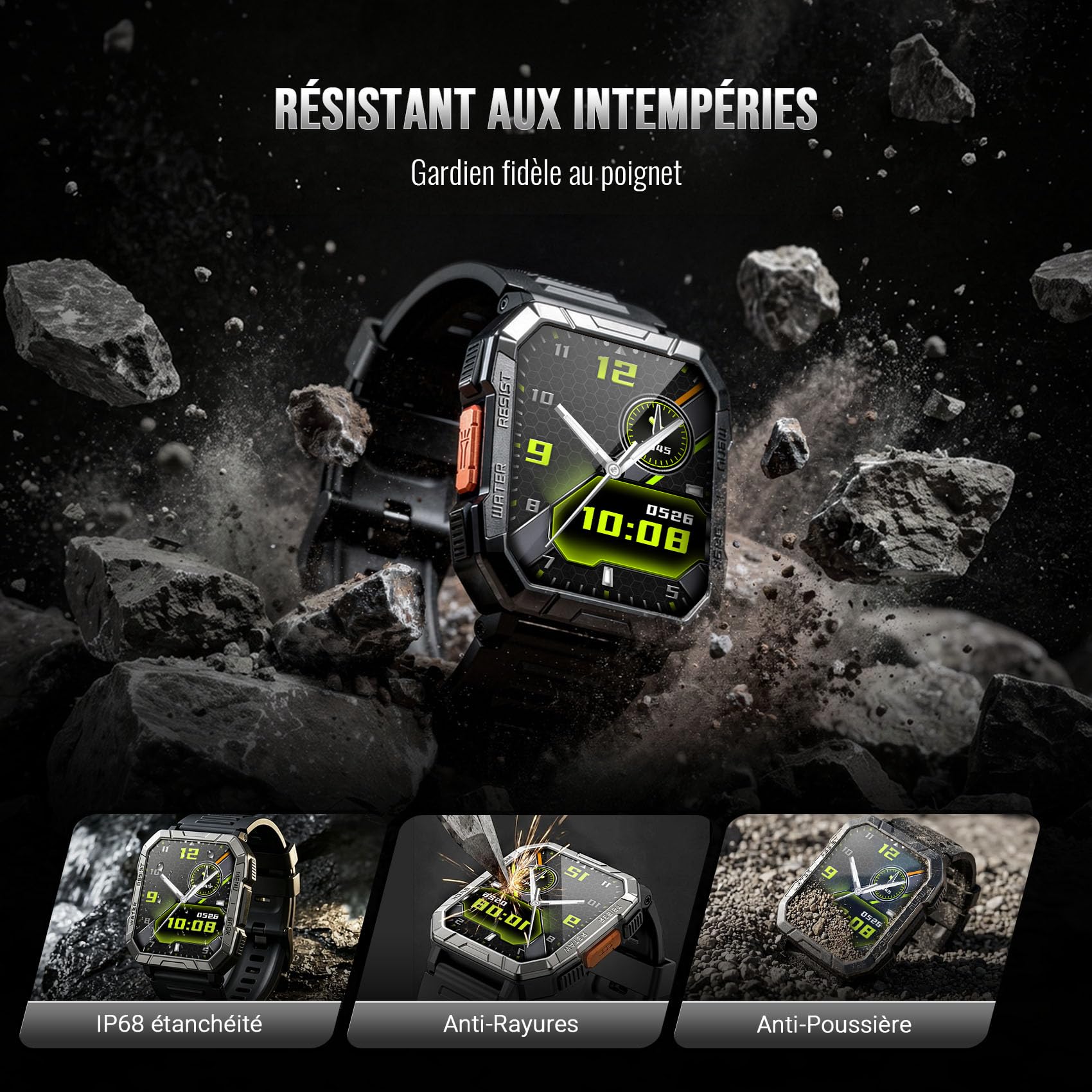 Blackview Montre Connectée Homme Militaire, Torche LED SOS & Boussole, 100j d'autonomie 960mAh, Appel Bluetooth, Podomètre, Suivi Santé 24h, 120+ modes sport, IP68, antichoc, iOS & Android compatibles