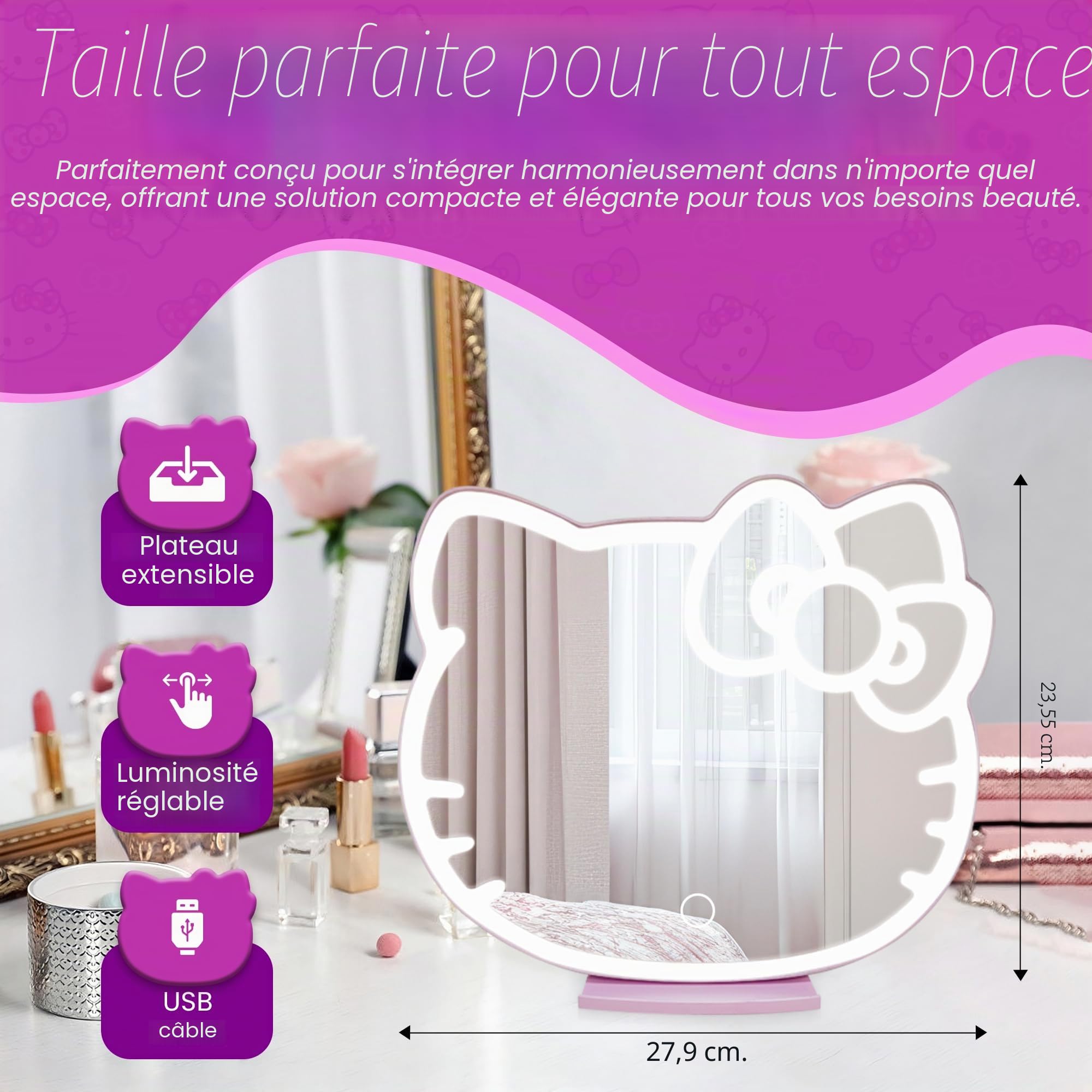 Impressions Vanity Supercute Hello Kitty Miroir de Bureau avec lumières et capteur Doux au Toucher, Miroir de Maquillage réglable à Trois Tons avec Plateau Extensible caché et Support de téléphone
