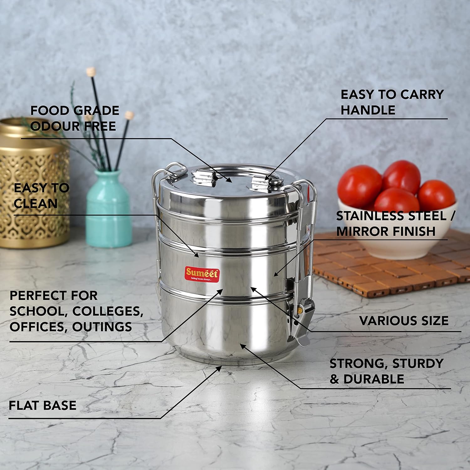 Sumeet Stainless Steel 3 Compartment Lunch Box/Tiffin with Lid and Handle, 11.5Cm Dia, (1500ML, Silver)