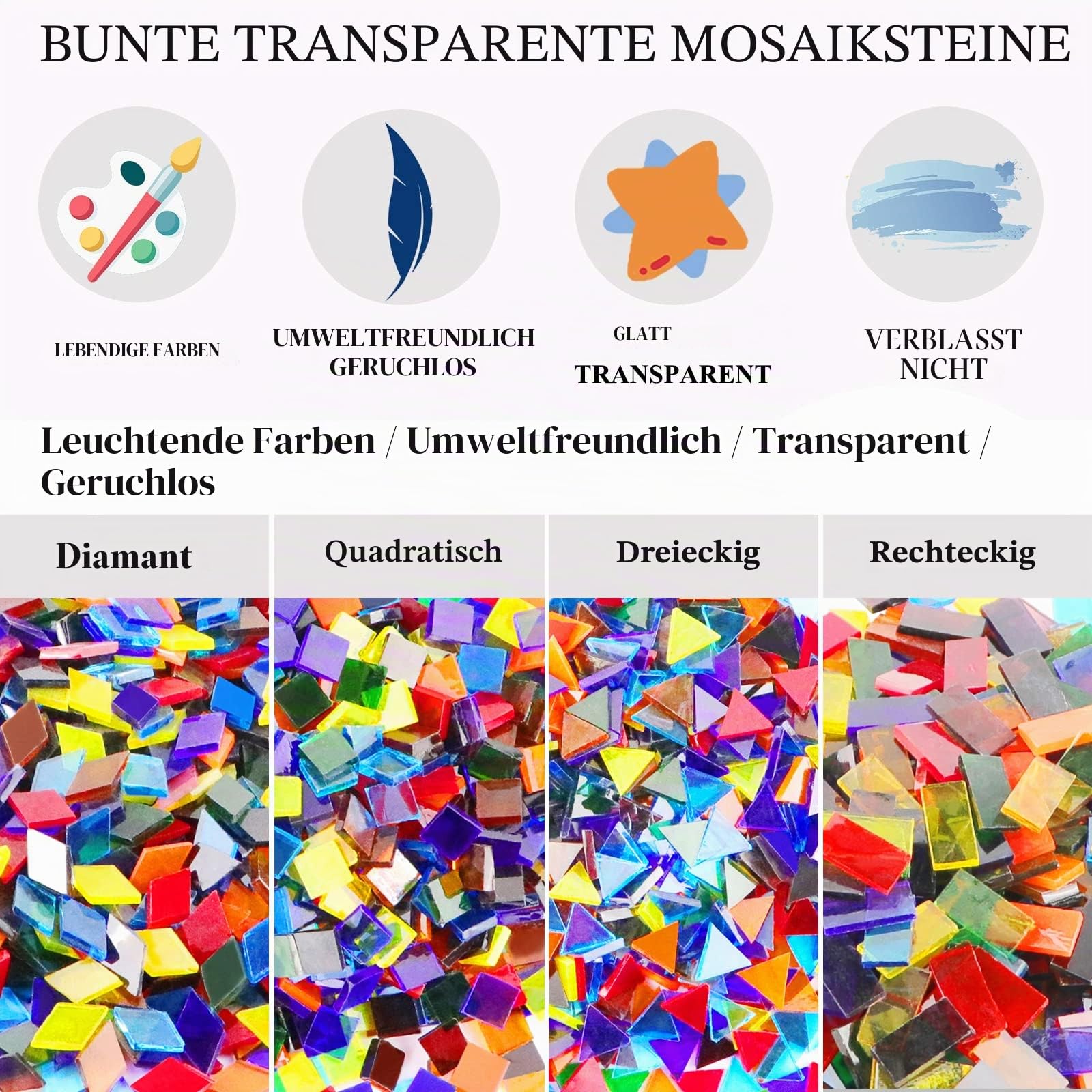 1100 Stück Mosaikfliesen, Glasmosaikfliesen zum Basteln, Bulk, gebeizte Mosaikglasstücke, Mosaikzubehör für Heimdekoration, Kunsthandwerk, DIY-Projekte, transparent (gemischte Form)