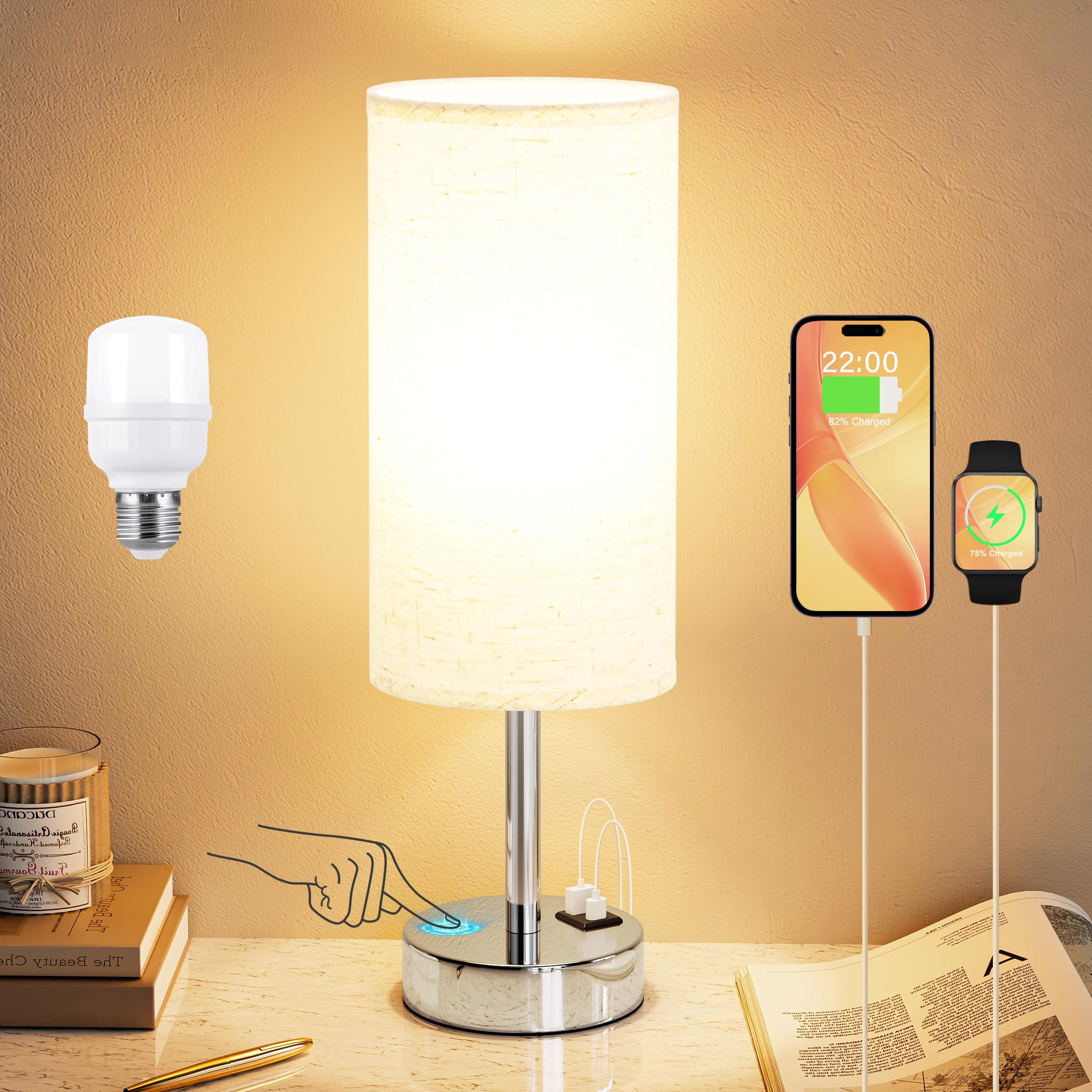 Dicoool Touch Table Lamp for Bedroom Nightstand - Bedside Lamp with USB-C USB-A Charging Ports White, 3 Way Dimmable Small Desk Lamp for Bedroom, Dorm Room, Office, Living Room, Reading, Bathroom