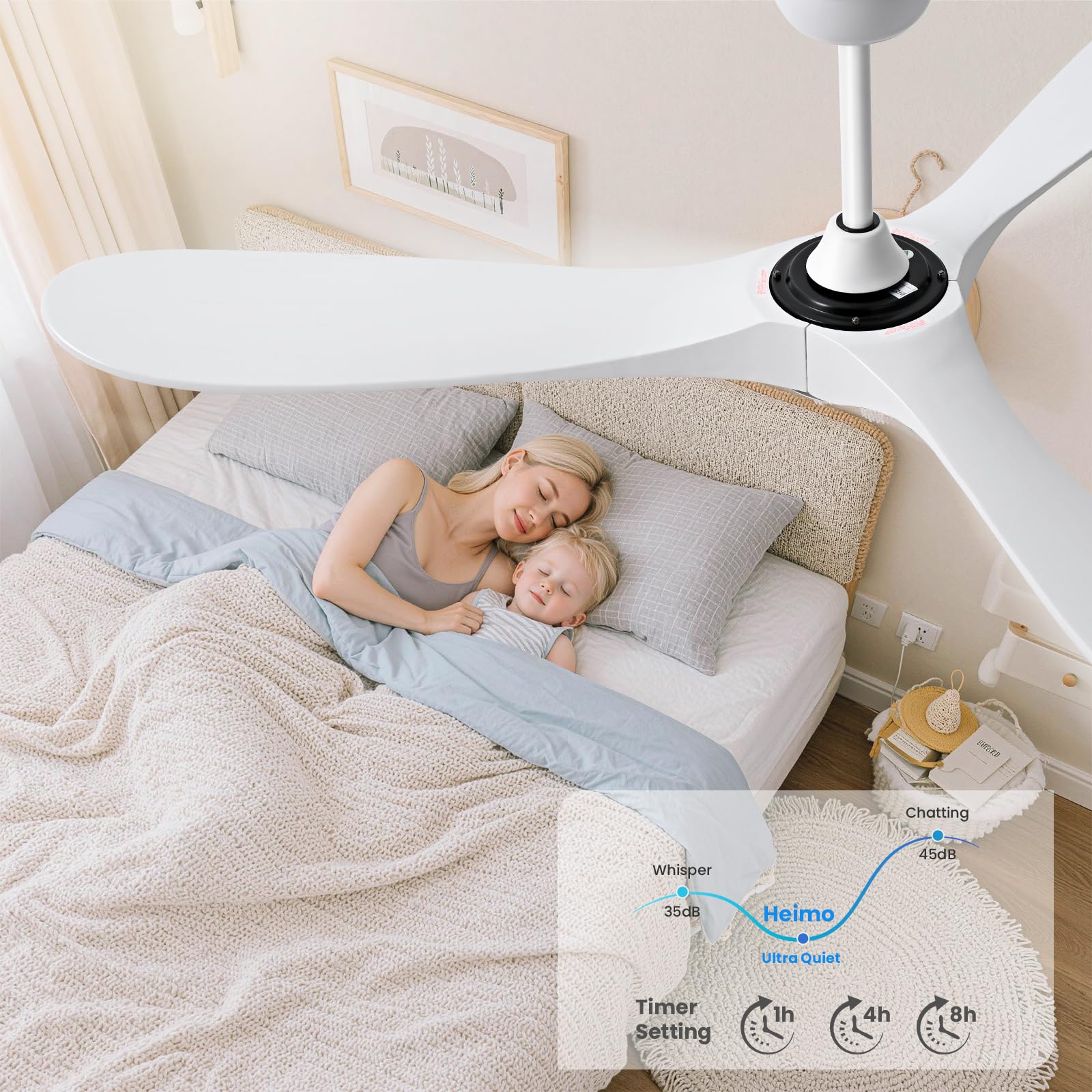 Heimo - 132 cm biały wentylator sufitowy bez światła, 3 drewniane liście, do wewnątrz, na zewnątrz, wentylatory sufitowe, bez świateł, na patio, do sypialni, salonu, śmigło, nowoczesne
