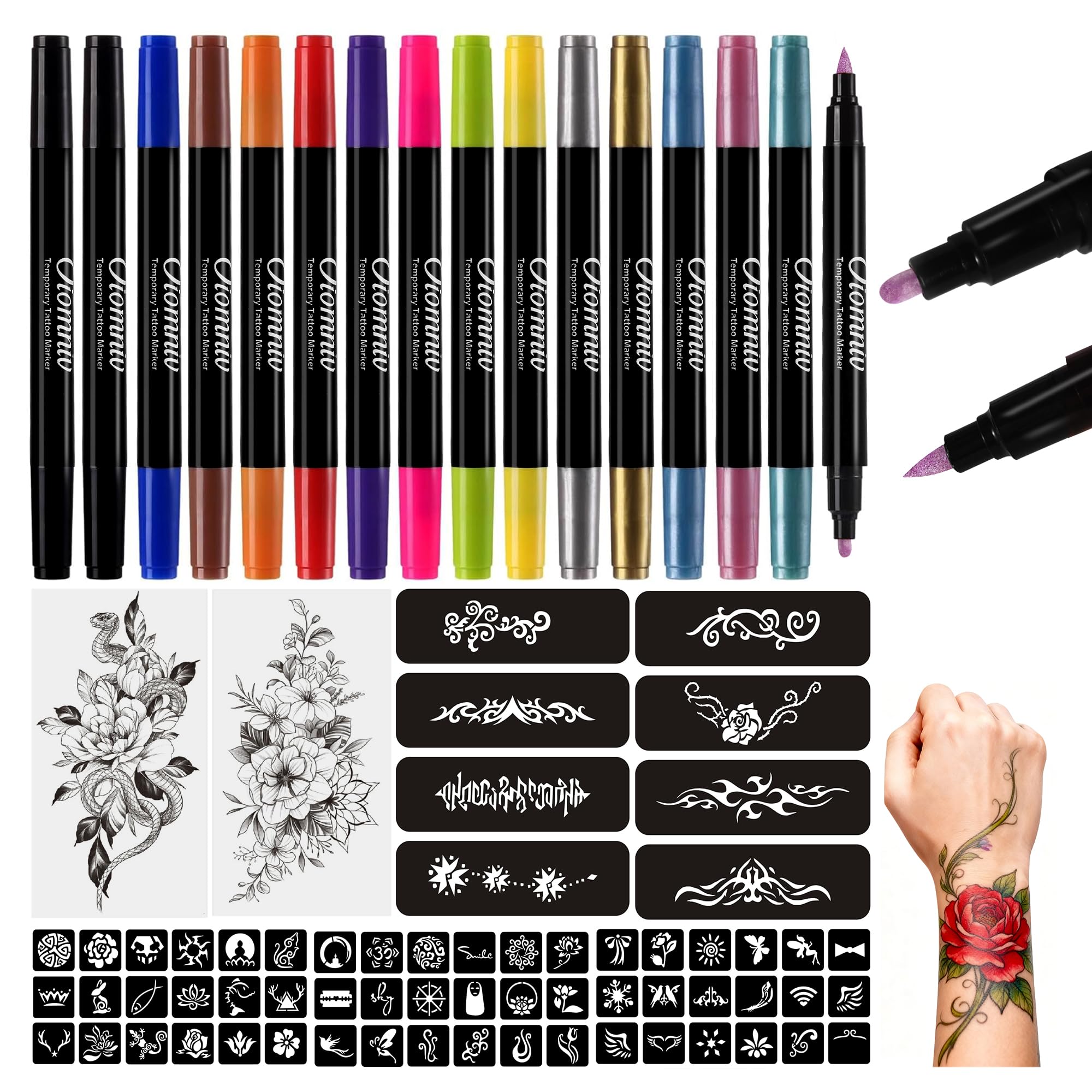 Oiomniv Tattoo Stifte Kinder, 15 Stück Glitzer Tattoo Set Dual-End mit 62 Tattoo Schablonen 2 Temporäre Tattoos, Tattoos Mädchen für Kinder Erwachsene, Hautfreundlich, Mädchen Geschenk, Karneval