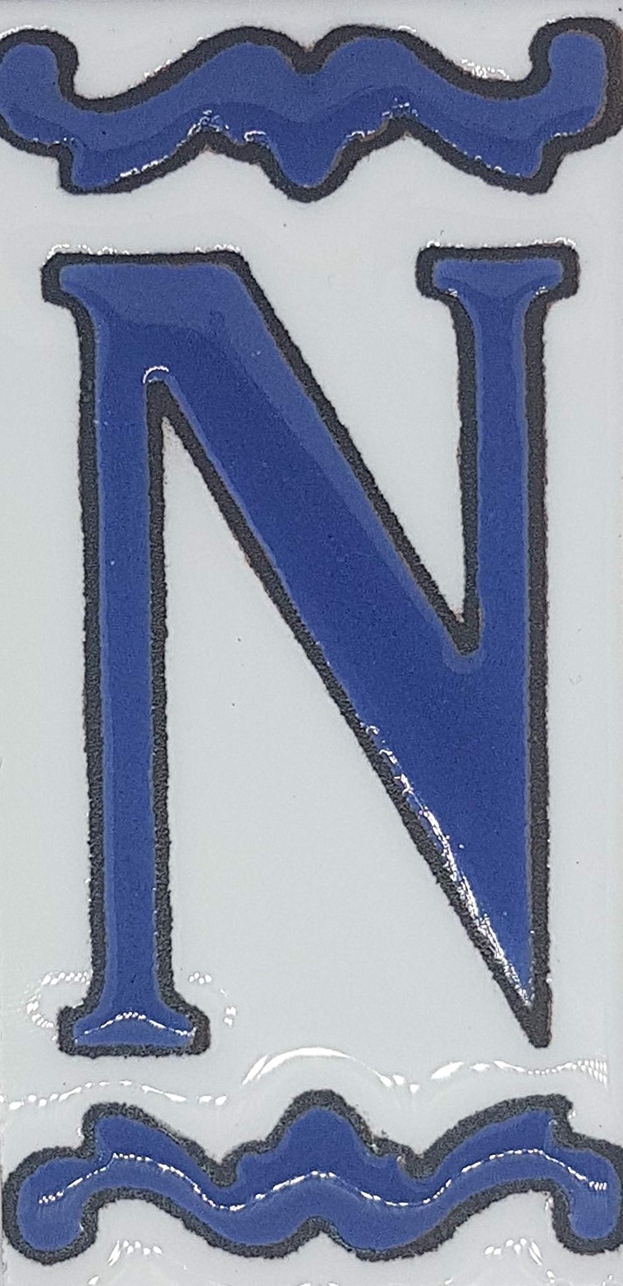 House Numbers Ceramic Tiles, Letters & Frames, Spanish Blue Design, Tile Size: 10cmH x 5cmW, Number Frame Size: 2 to 13 Tile (Letter N)