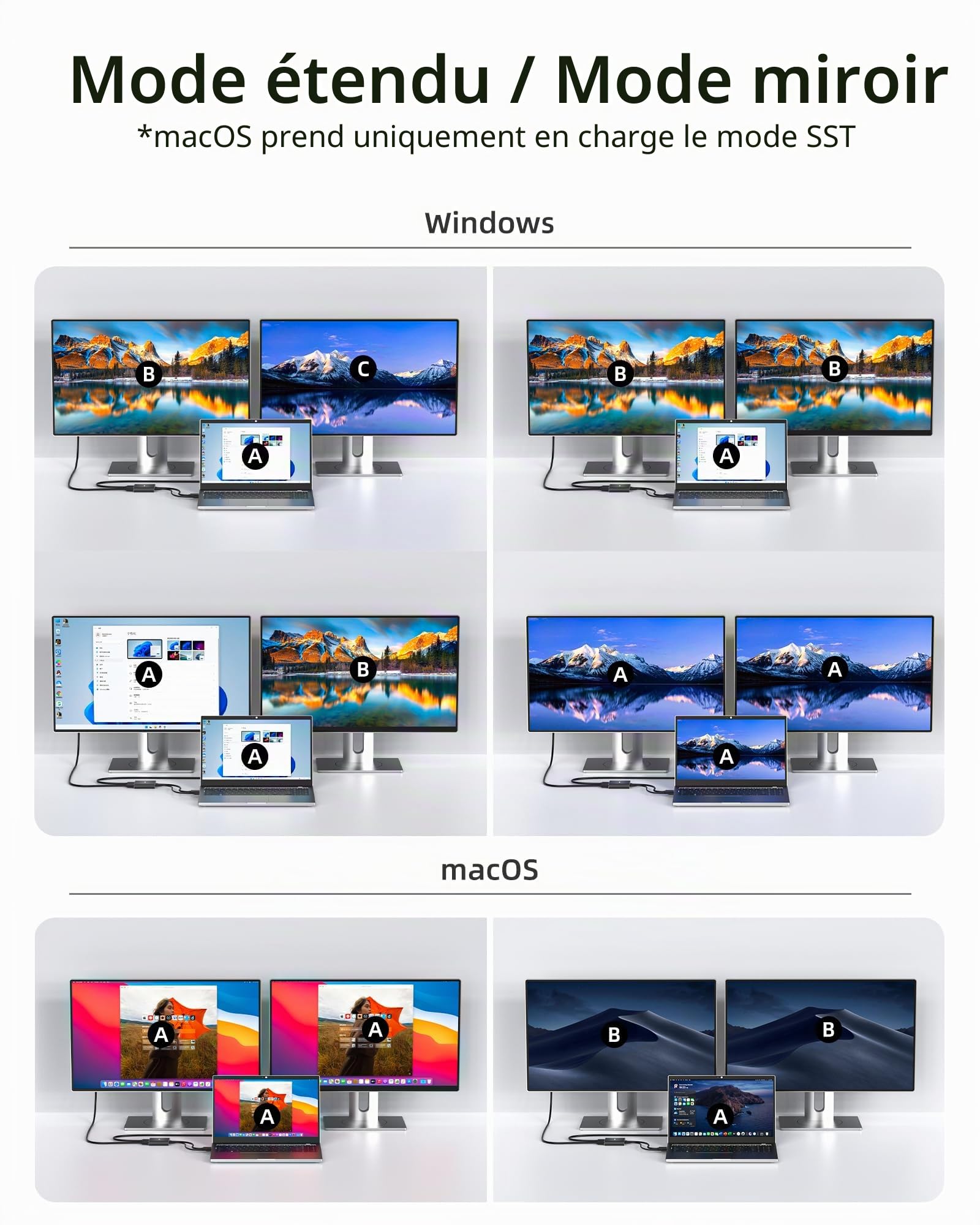 Répartiteur DisplayPort vers double HDMI, répartiteur multi-écrans 4K 60 Hz, double moniteur DP vers 2 moniteurs HDMI pour ordinateur portable, carte graphique, PC, compatible Windows, mode étendu MST