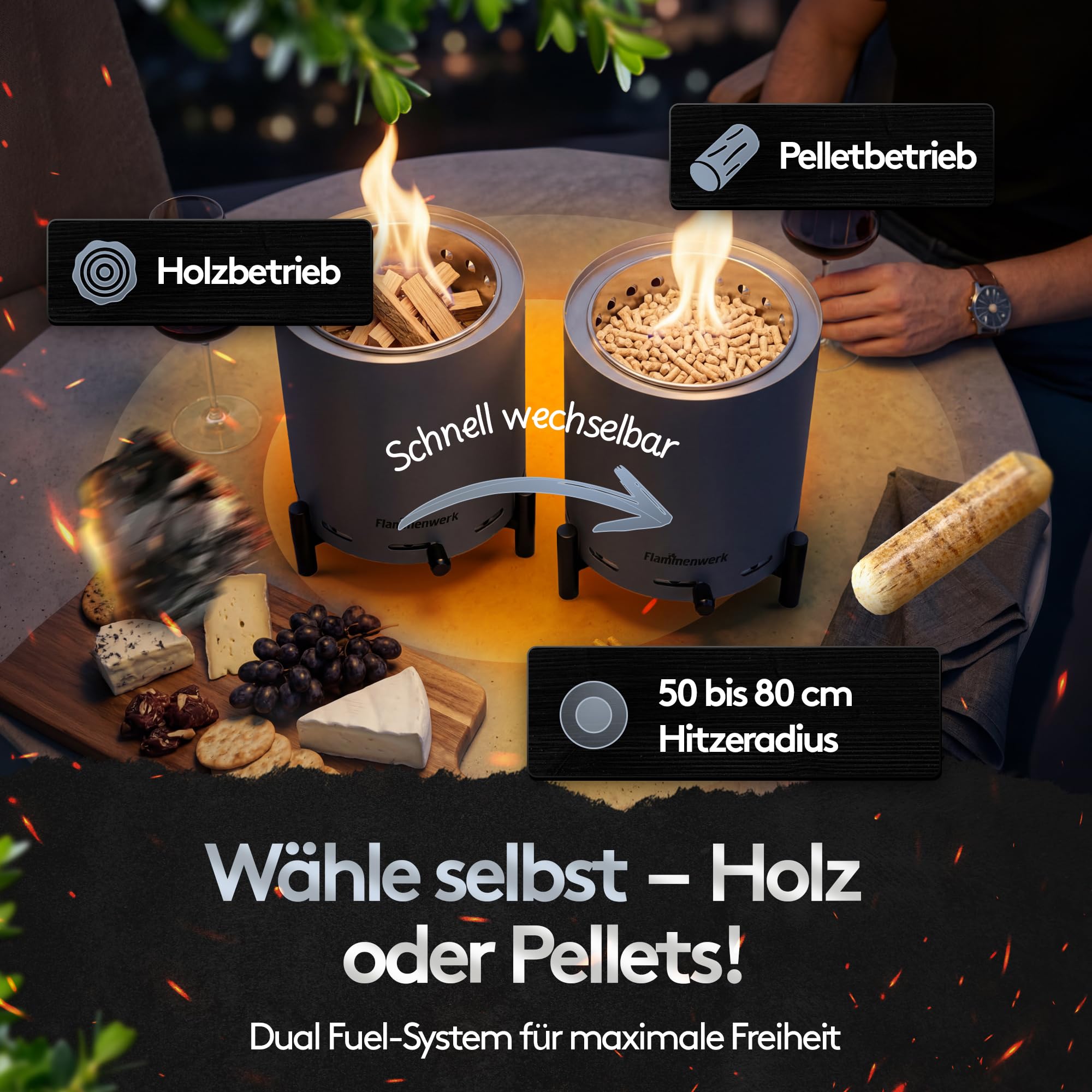 Raucharmes Tischfeuer, Tischkamin Outdoor für Pellets & Holz – Outdoor-Tischfeuer 360° Luftregulierung, Doppelwandiges Edelstahl & Tragetasche – Perfekt für Balkon, Terrasse & Camping