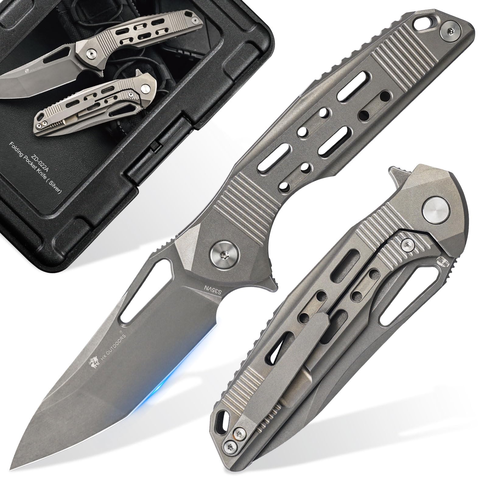 HX OUTDOORS Foldable Pocket Knife with Lock, High End S35VN Steel Folding Knife with Non Slip Titanium Alloy Handle(Silver)