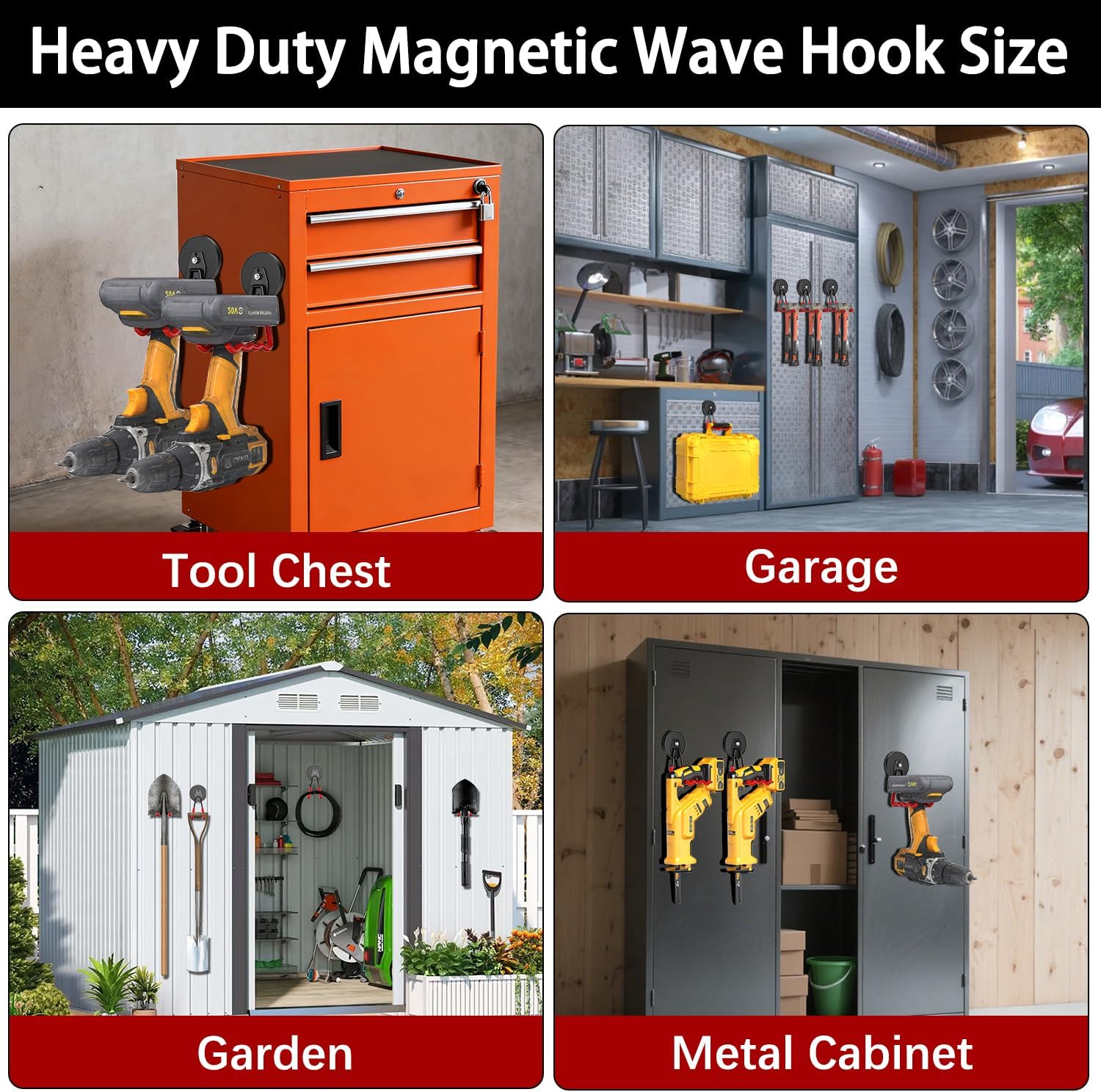 3-H Extra Strong Magnetic Hooks,Heavy Duty Large Anti-Slip Magnet Hooks Wave Shape,No-Drill Tool Holder for Garage,Power Drill,Garden Tools,Hose Storage,2 Pack Red