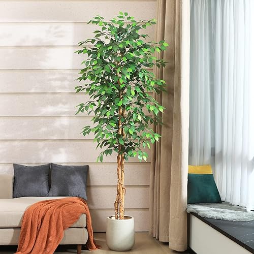 Miniatura 3 de SOGUYI Árbol de ficus artificial de 7 pies con tronco de madera natural, árbol de ficus falso de seda en maceta de plástico para guardería, planta