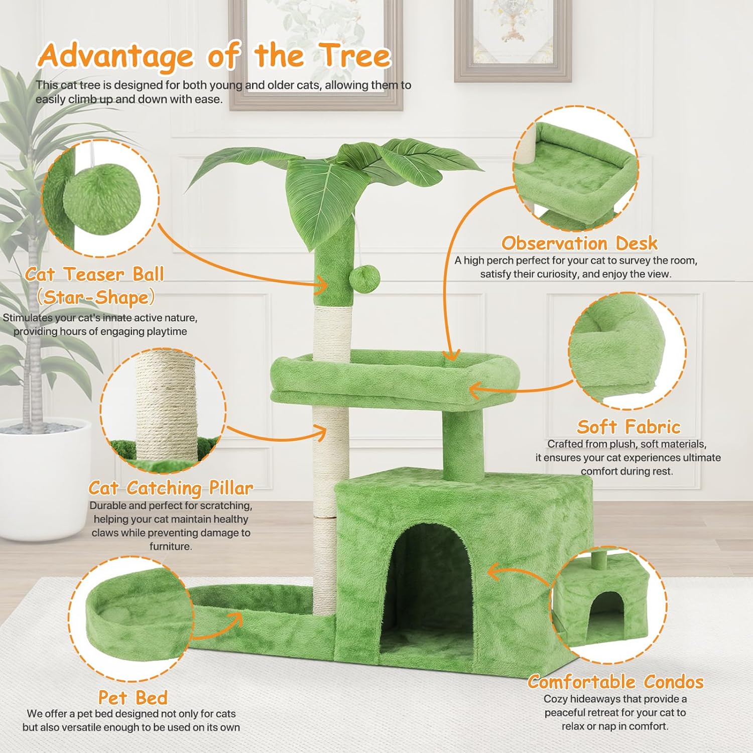 Cat Tree, 32 Inch Cat Tower with Scratching Posts, 1 Caves,1 Pompom,1 Hammock, Green Leaves and Cozy Condo, Cat House Cat Tree for Indoor Cats Large Adult - Green