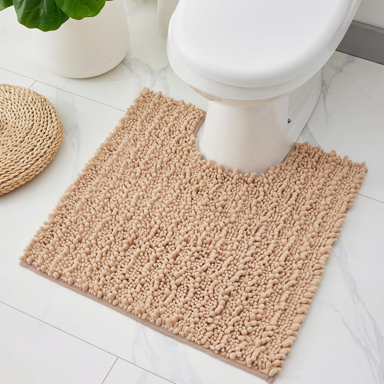 ILANGO Toilet Rugs U Shaped Beige 24x24 Bathroom Rugs,Extra Soft Absorbent Chenille Bath Rugs,Thick Non-Slip Shaggy Bath Mat,Machine Washable Quick
