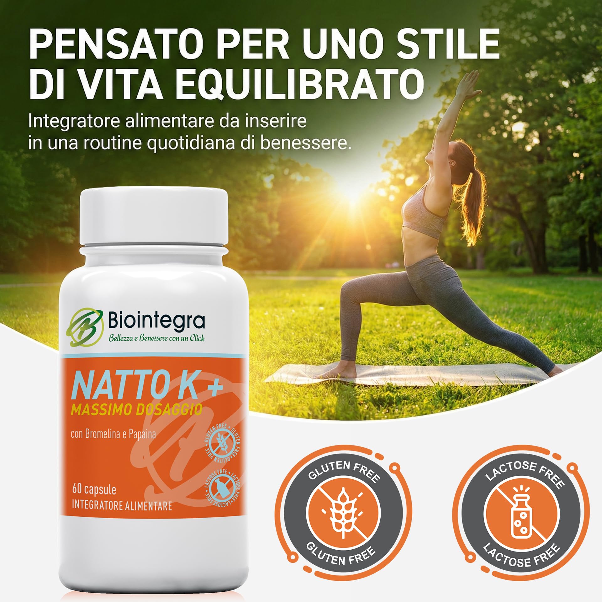 Biointegra Nattokinase ad alto dosaggio, formula unica con Bromelina e Papaina, 60 capsule vegan da 100 mg ciascuna (24.000 FU/g), no additivi, senza glutine, no OGM