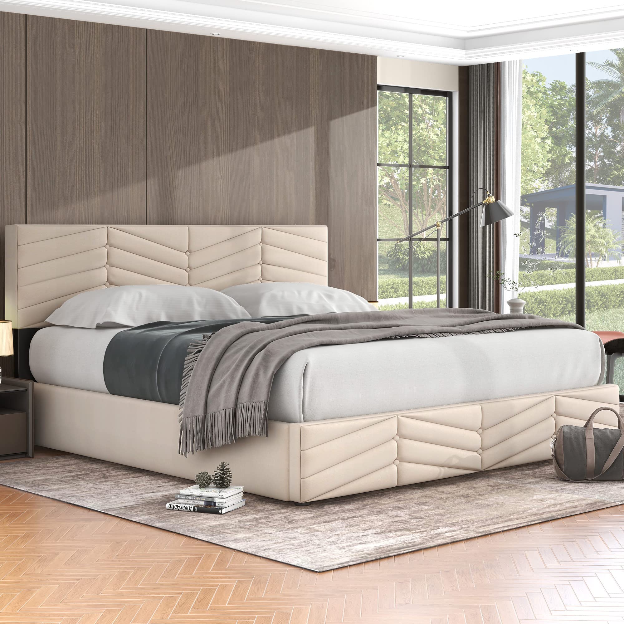 Letto Imbottito 180x200 cm, Letto Matrimoniale con Contenitore, Modern Struttura del Letti Idraulico con Testiera Regolabile In Altezza e Rete a Doghe In Legno, Velluto, Beige, Senza Materasso