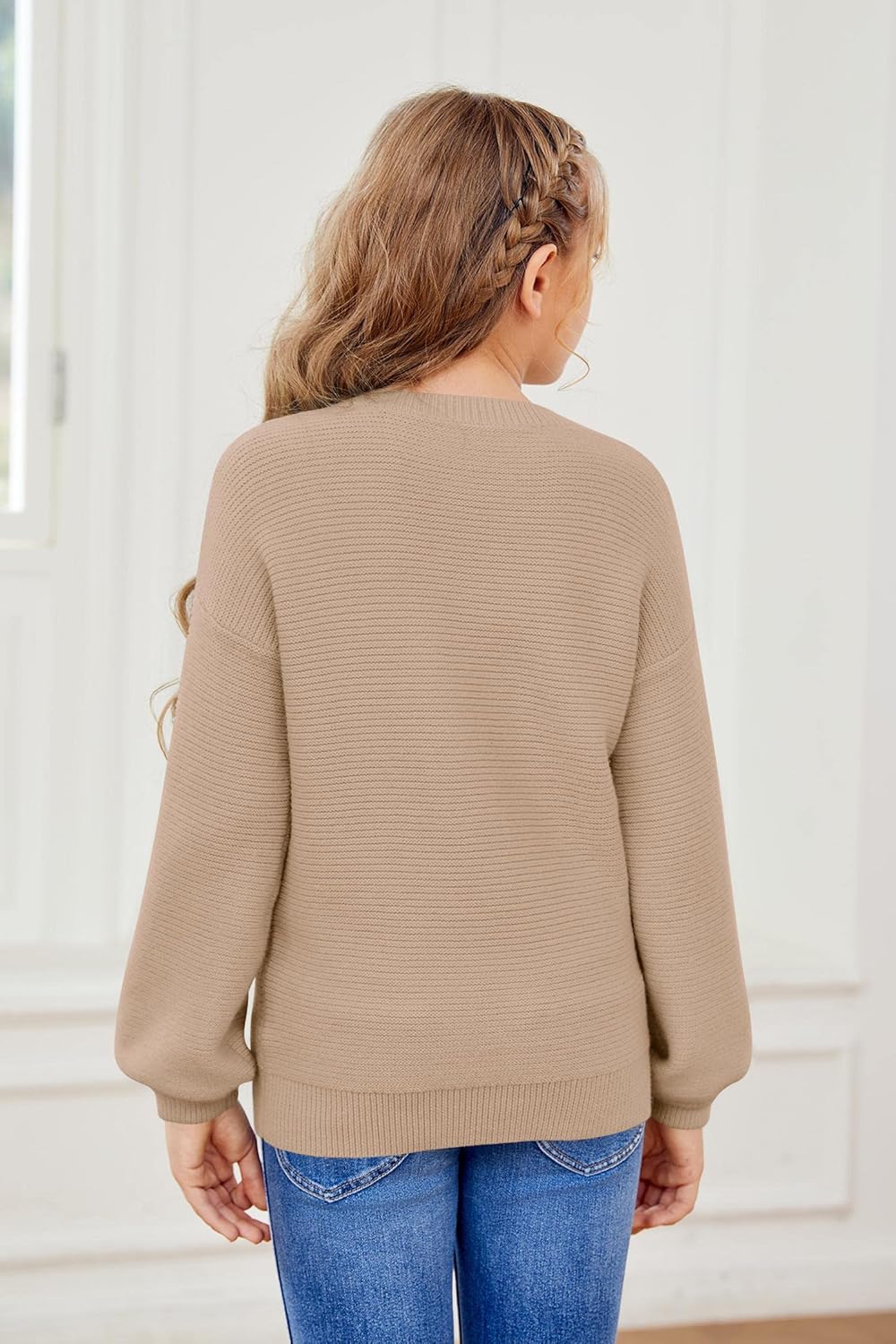 Girls Pullover Sweaters Kids Long Sleeve Drop Shoulder Sweaters Casual Boat Neck Knit Jumper Tops - Image 5